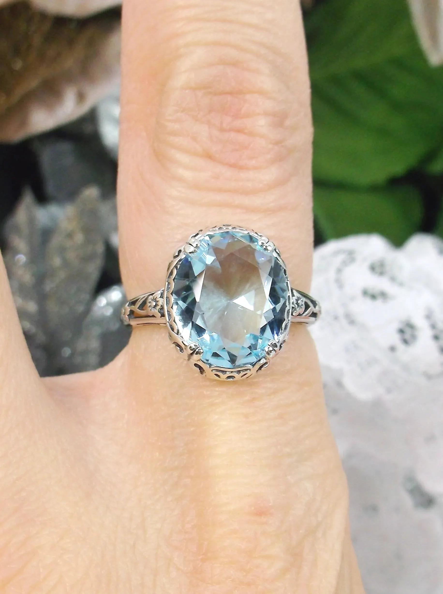 Sky Blue Ring, Simulated or Natural Gemstone, Edwardian Antique Revival Jewelry #D70z