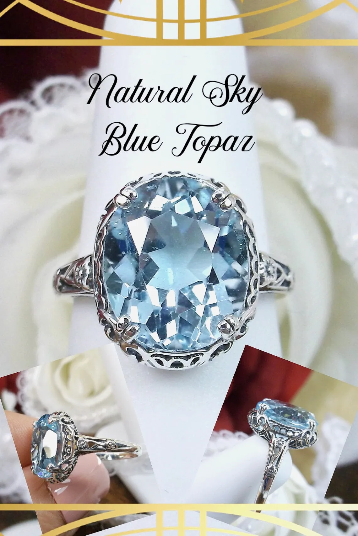 Sky Blue Ring, Simulated or Natural Gemstone, Edwardian Antique Revival Jewelry #D70z