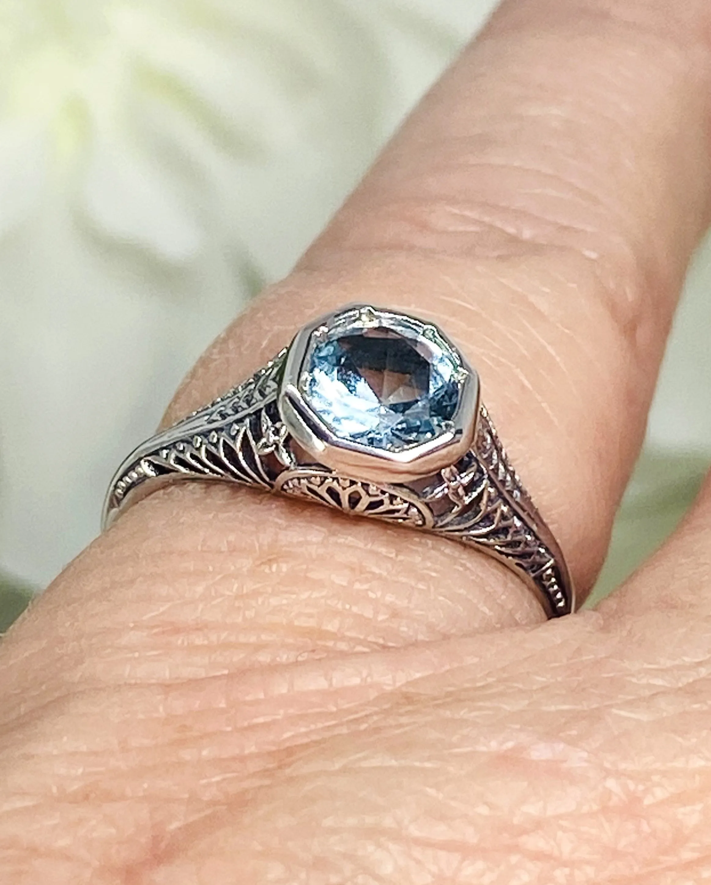 Sky Blue Topaz Dandelion Ring, Natural or Simulated Gemstone, Sterling Silver Filigree Victorian Jewelry #D205