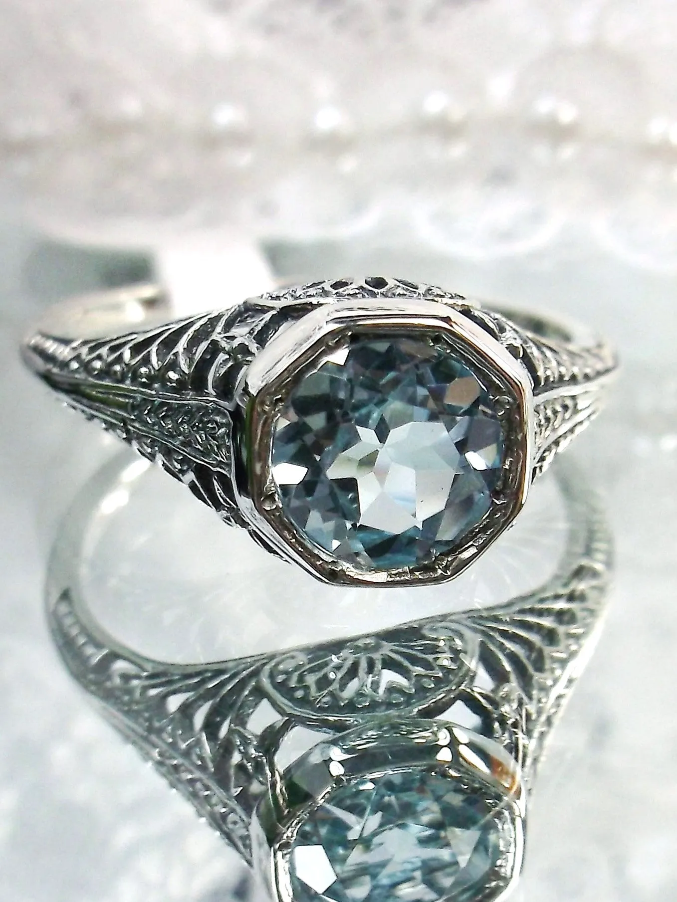 Sky Blue Topaz Dandelion Ring, Natural or Simulated Gemstone, Sterling Silver Filigree Victorian Jewelry #D205