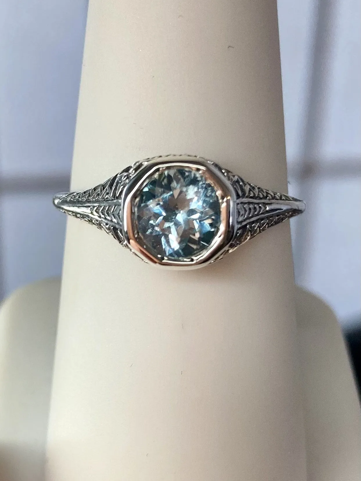 Sky Blue Topaz Dandelion Ring, Natural or Simulated Gemstone, Sterling Silver Filigree Victorian Jewelry #D205