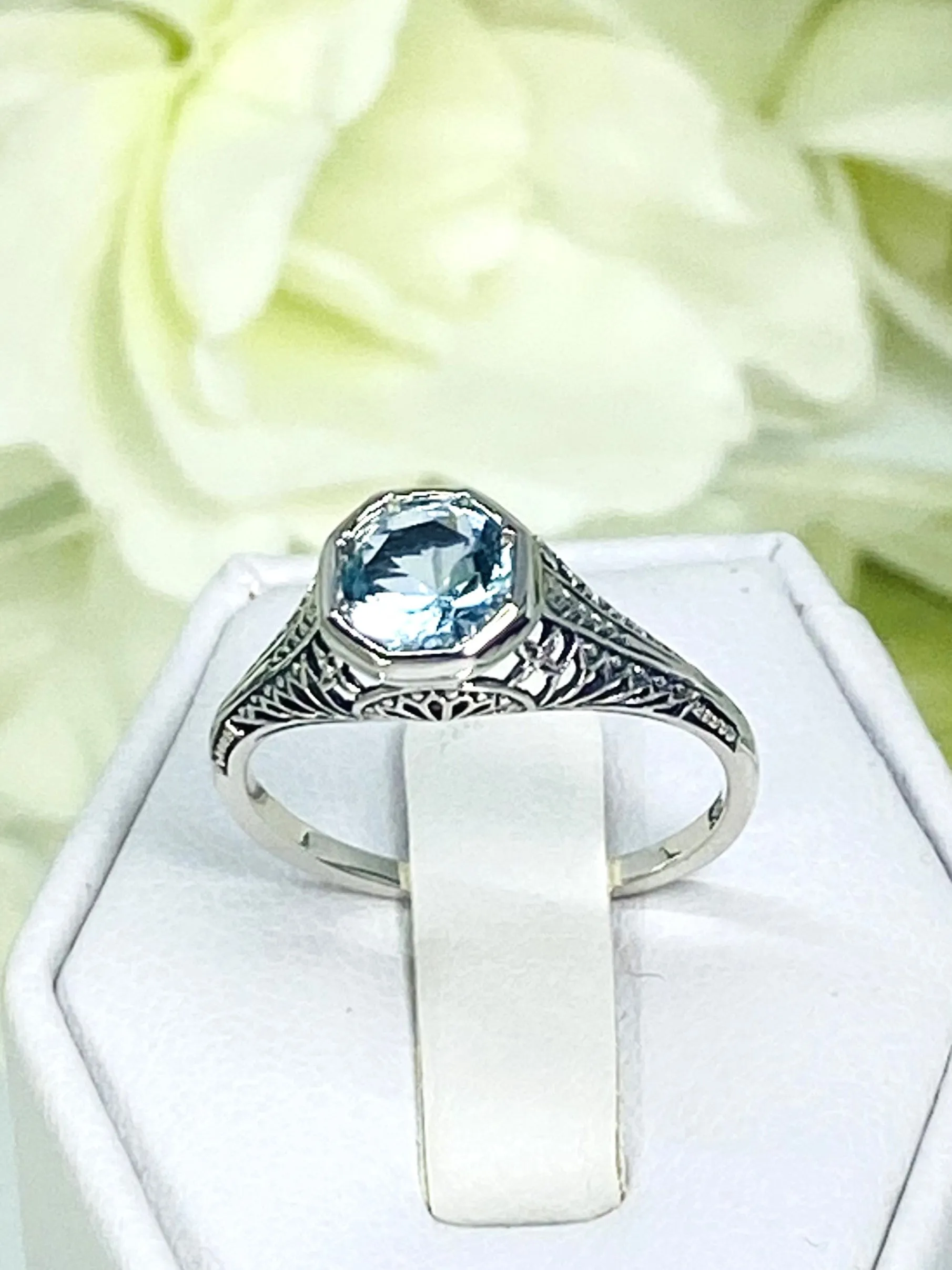 Sky Blue Topaz Dandelion Ring, Natural or Simulated Gemstone, Sterling Silver Filigree Victorian Jewelry #D205