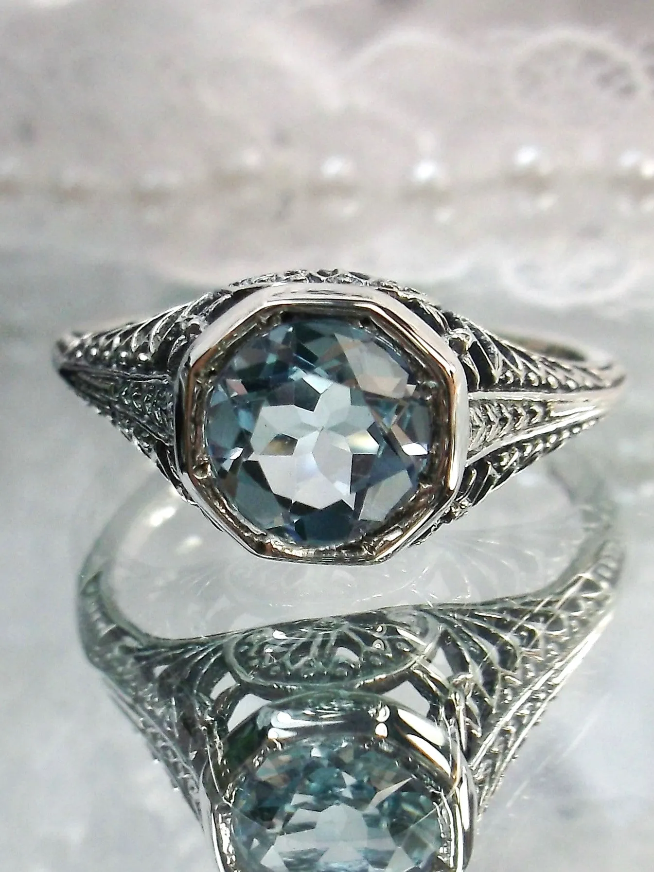 Sky Blue Topaz Dandelion Ring, Natural or Simulated Gemstone, Sterling Silver Filigree Victorian Jewelry #D205