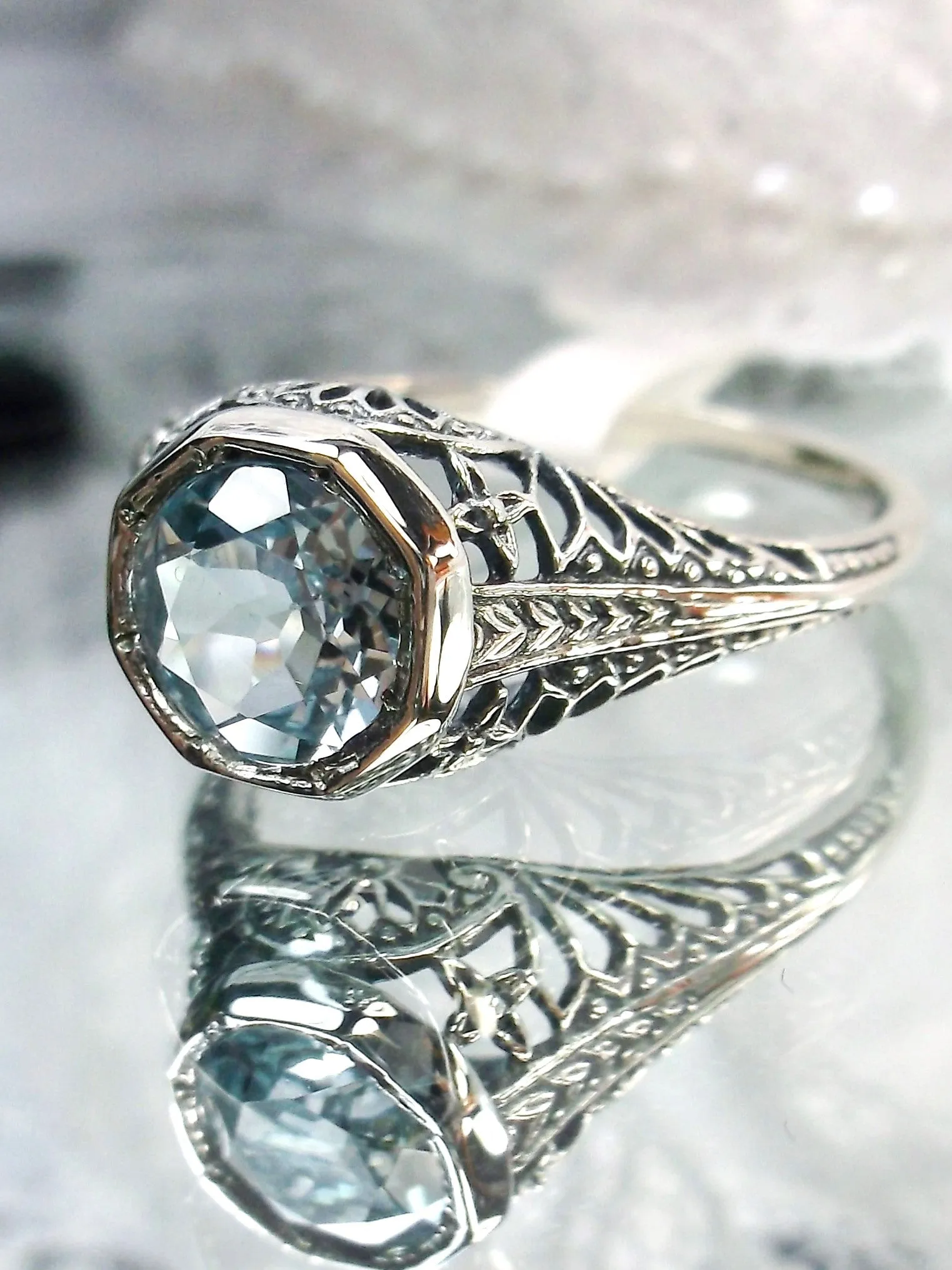 Sky Blue Topaz Dandelion Ring, Natural or Simulated Gemstone, Sterling Silver Filigree Victorian Jewelry #D205
