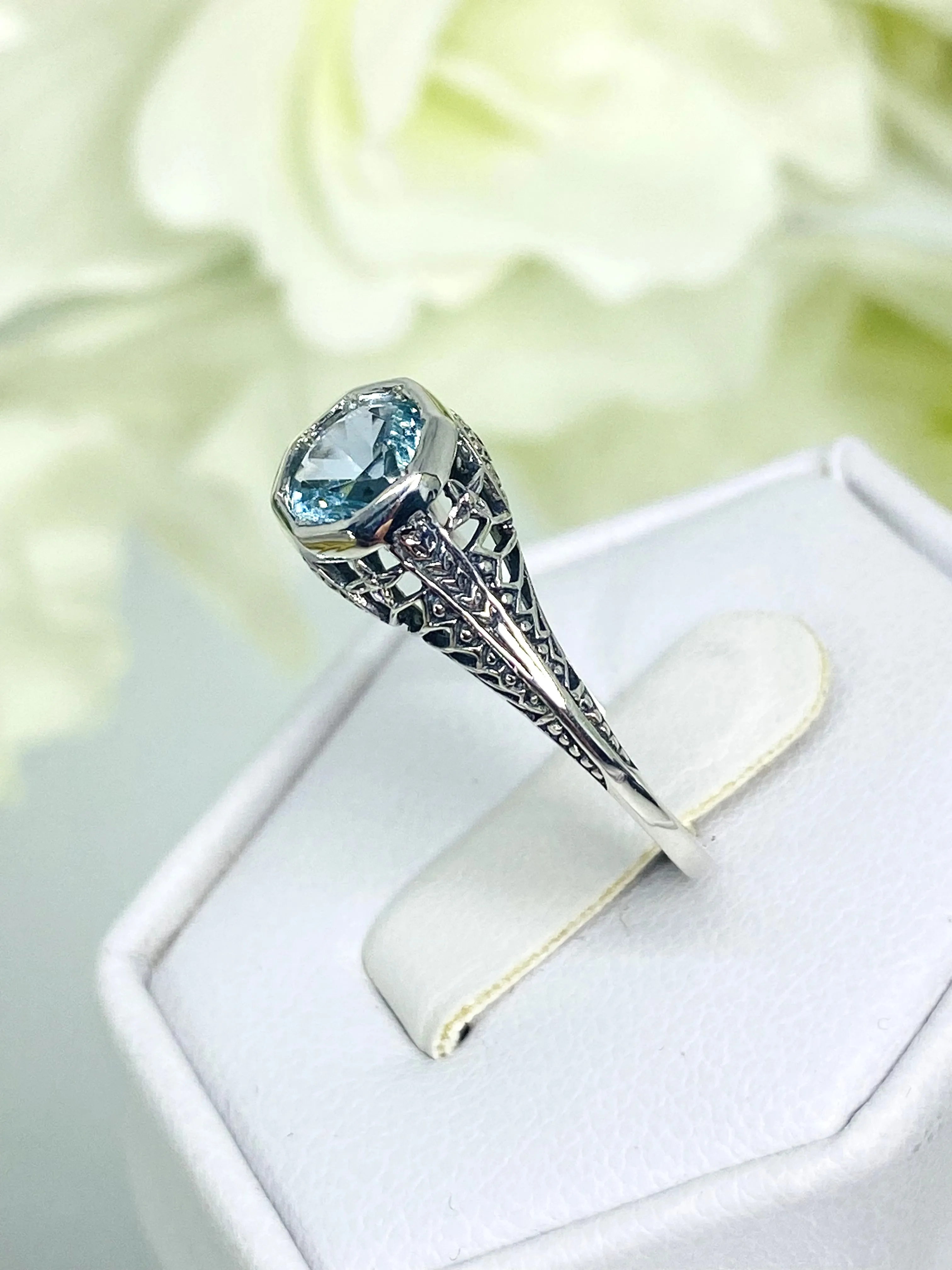 Sky Blue Topaz Dandelion Ring, Natural or Simulated Gemstone, Sterling Silver Filigree Victorian Jewelry #D205