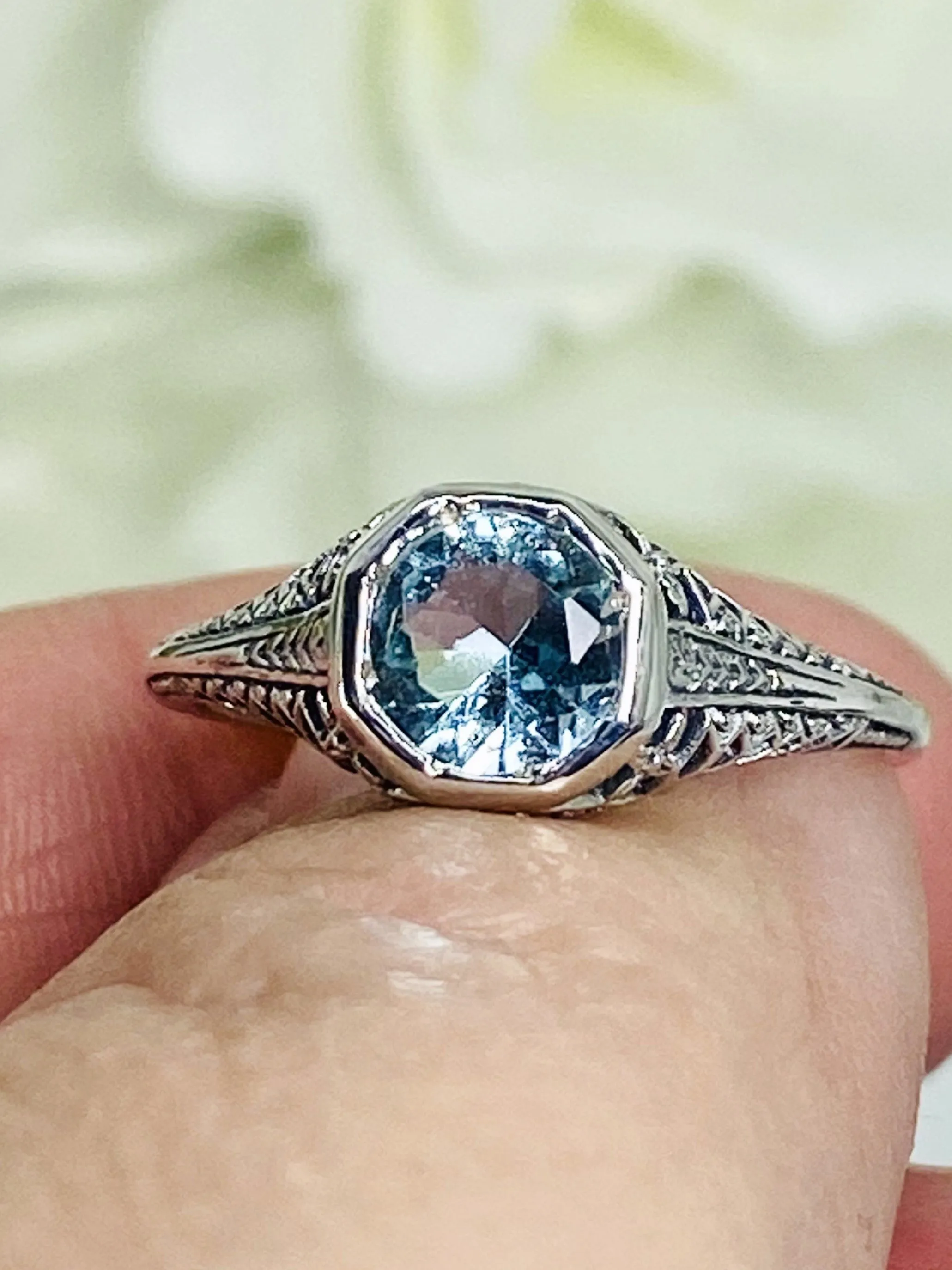Sky Blue Topaz Dandelion Ring, Natural or Simulated Gemstone, Sterling Silver Filigree Victorian Jewelry #D205