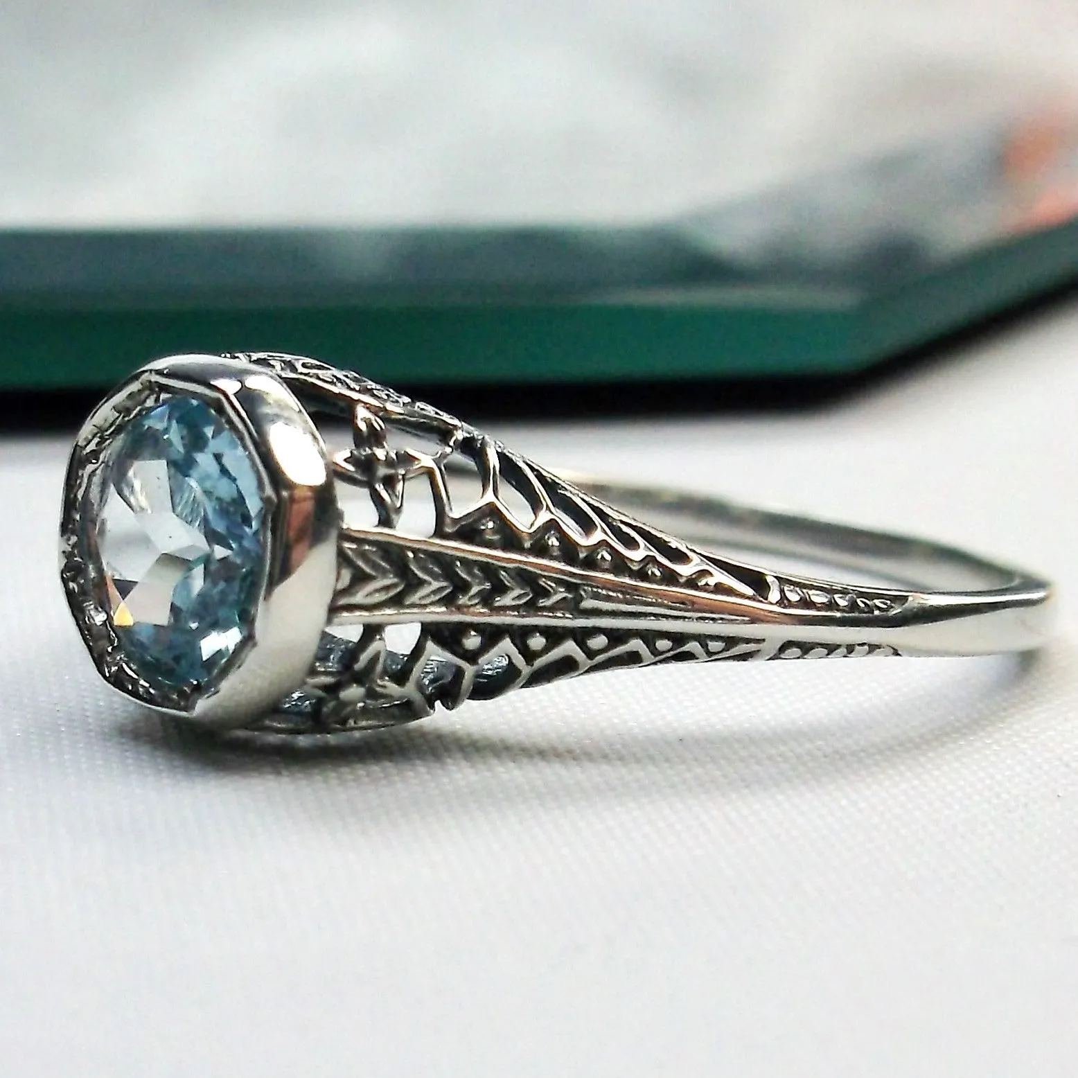 Sky Blue Topaz Dandelion Ring, Natural or Simulated Gemstone, Sterling Silver Filigree Victorian Jewelry #D205