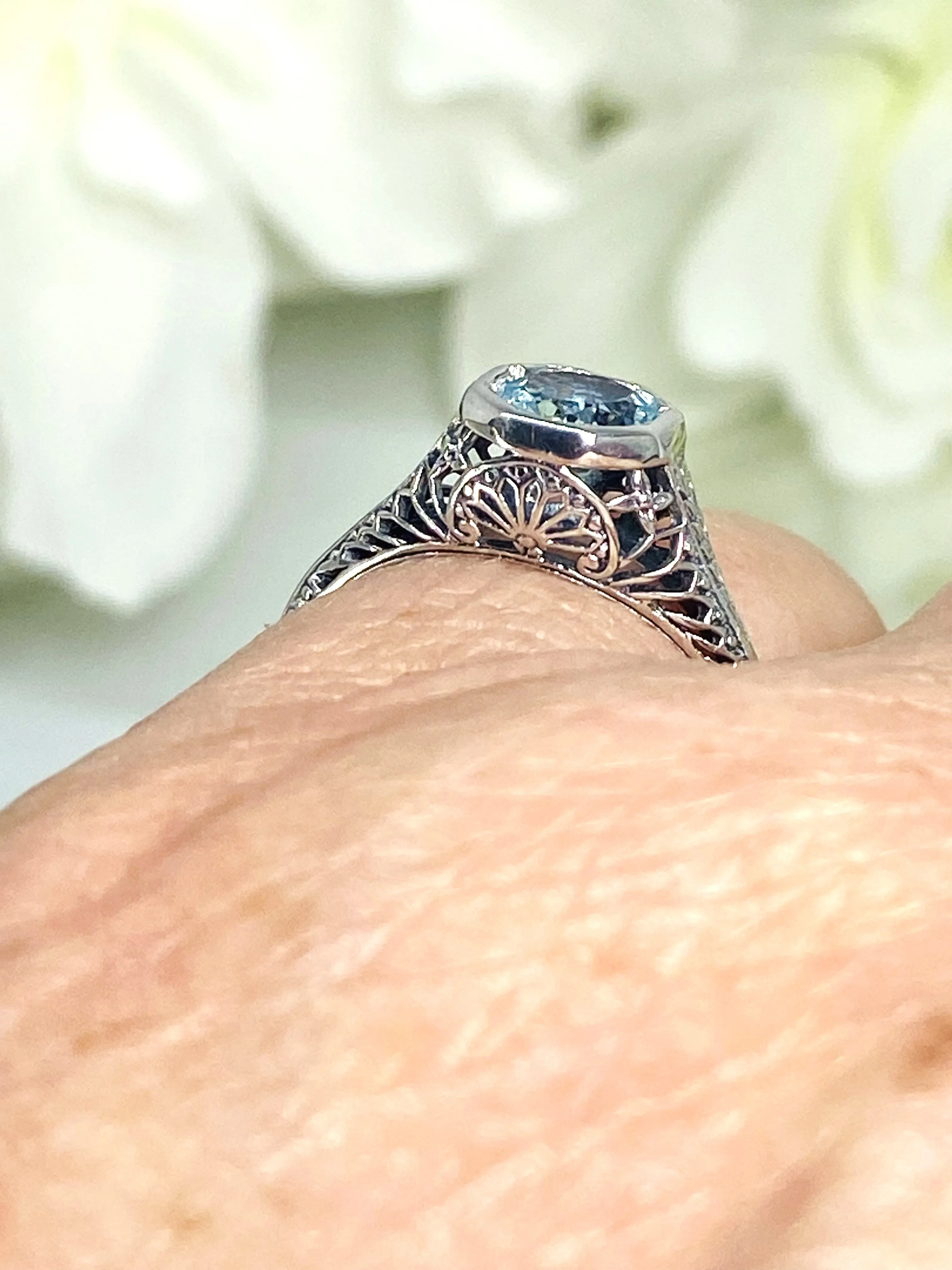 Sky Blue Topaz Dandelion Ring, Natural or Simulated Gemstone, Sterling Silver Filigree Victorian Jewelry #D205