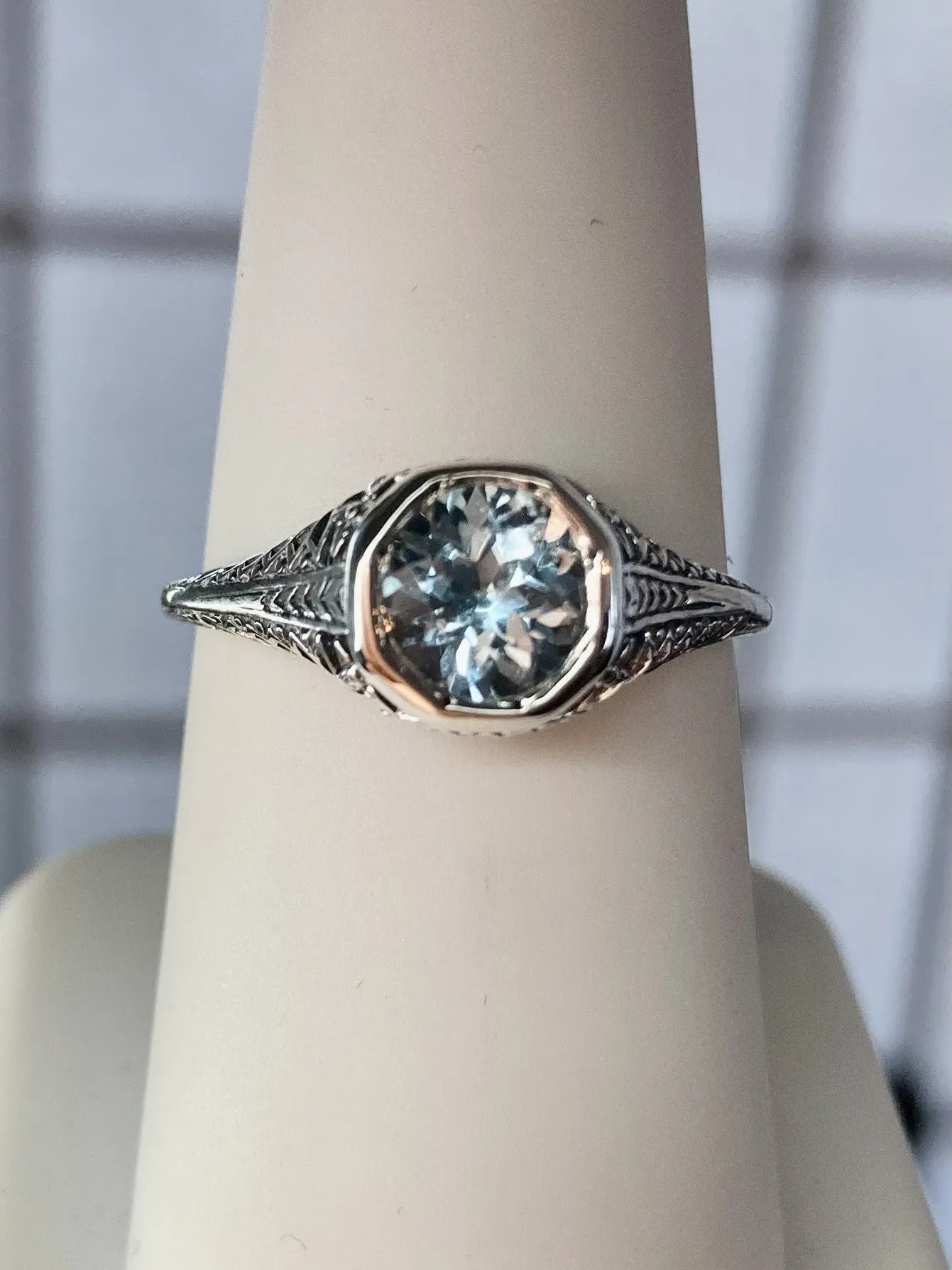 Sky Blue Topaz Dandelion Ring, Natural or Simulated Gemstone, Sterling Silver Filigree Victorian Jewelry #D205