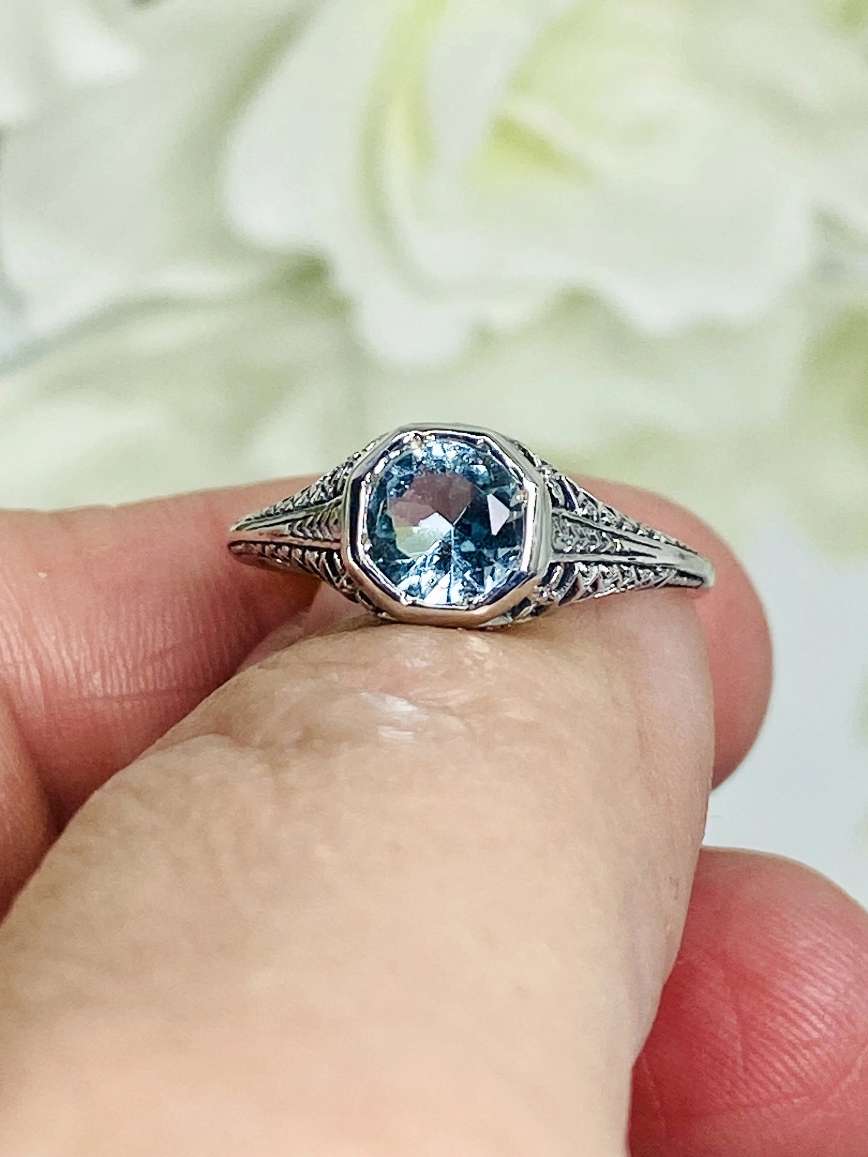 Sky Blue Topaz Dandelion Ring, Natural or Simulated Gemstone, Sterling Silver Filigree Victorian Jewelry #D205
