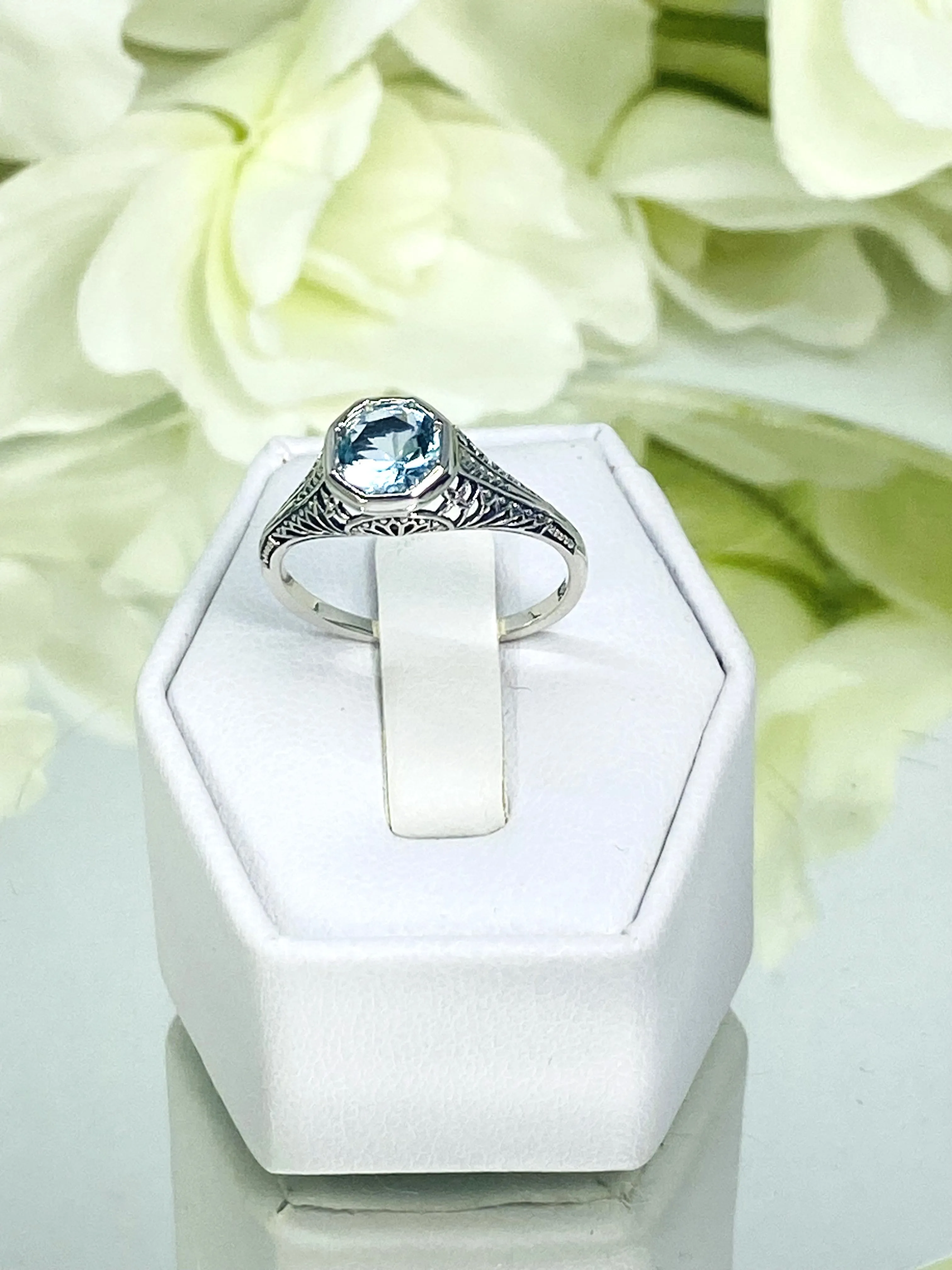 Sky Blue Topaz Dandelion Ring, Natural or Simulated Gemstone, Sterling Silver Filigree Victorian Jewelry #D205