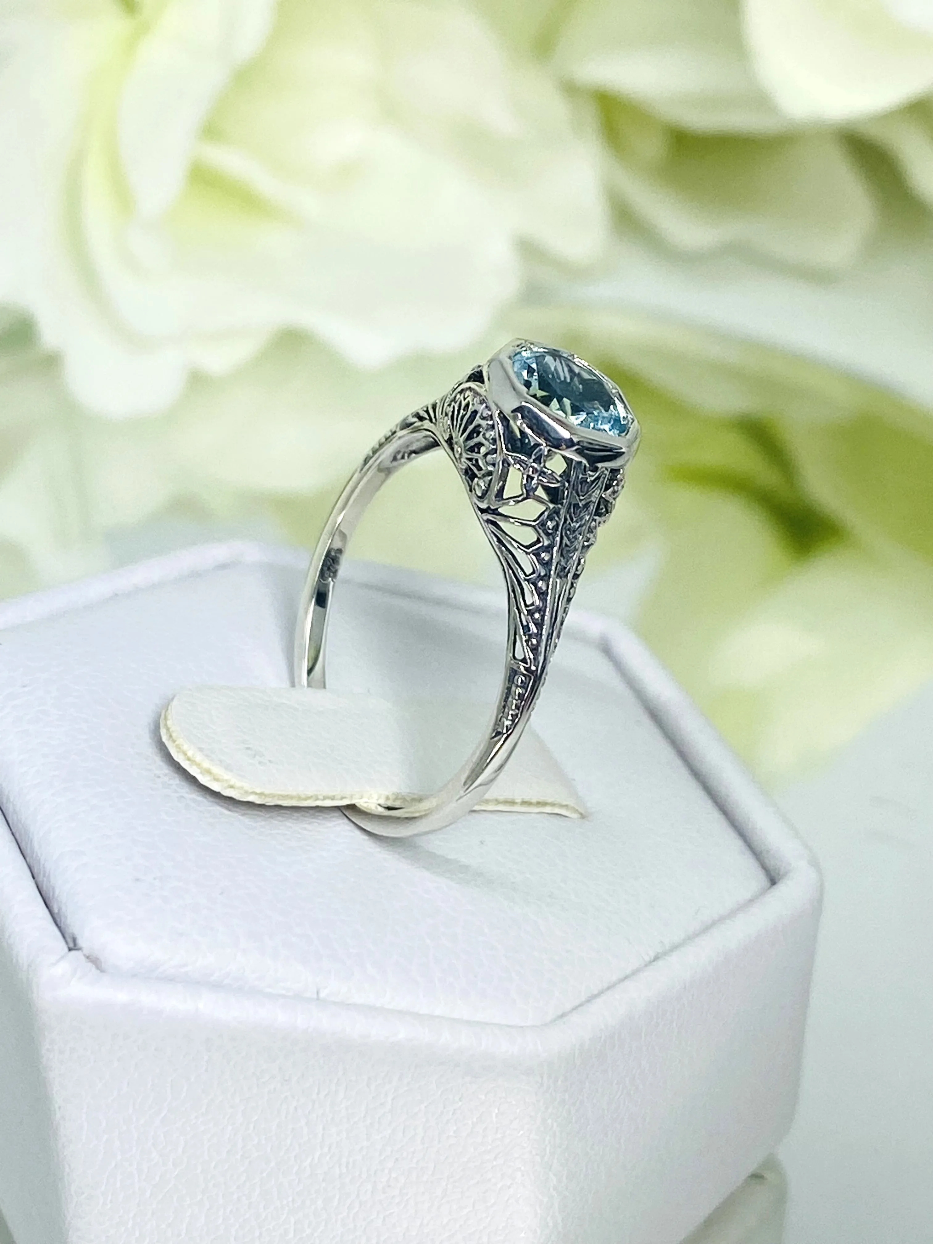 Sky Blue Topaz Dandelion Ring, Natural or Simulated Gemstone, Sterling Silver Filigree Victorian Jewelry #D205