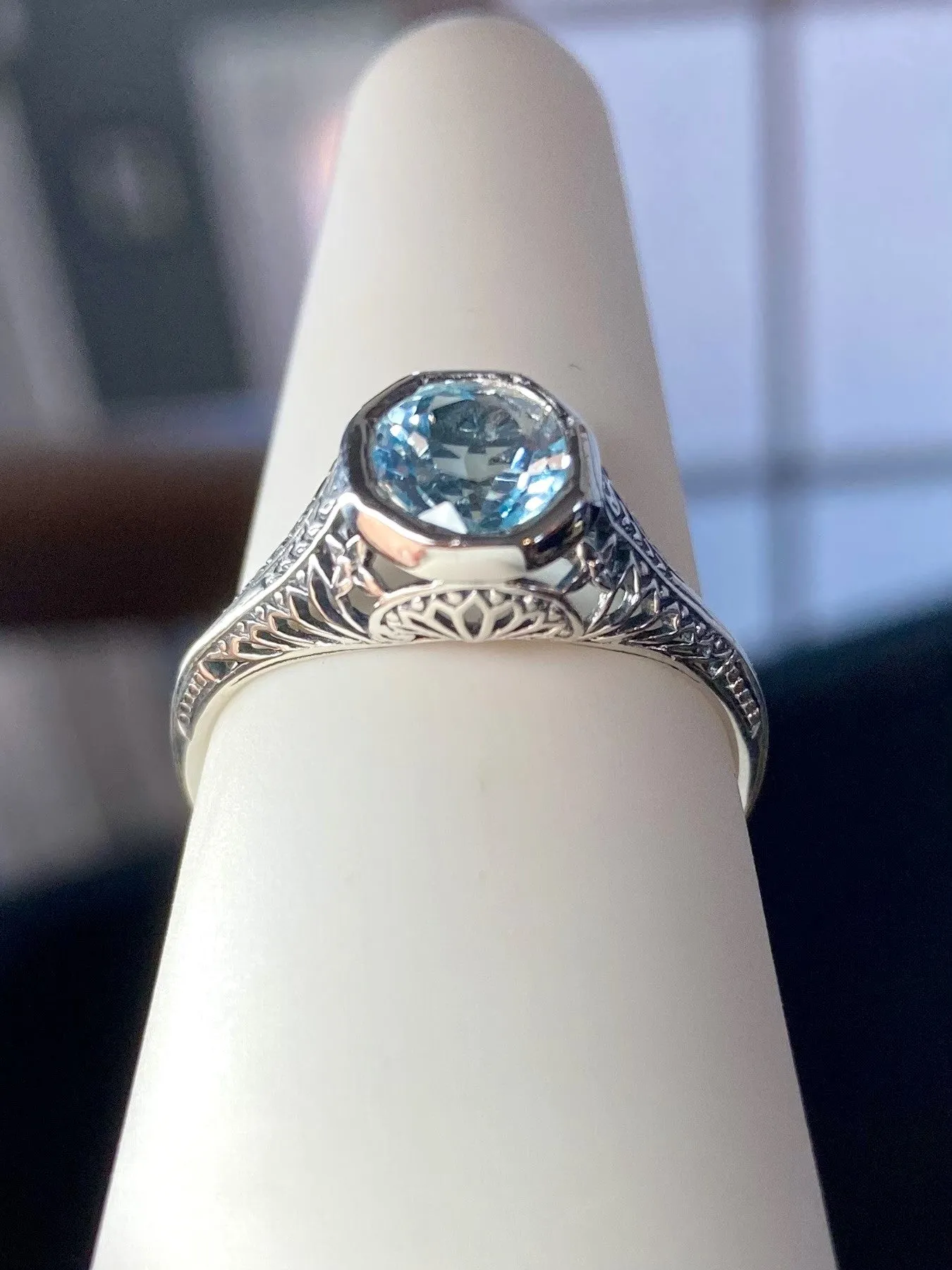Sky Blue Topaz Dandelion Ring, Natural or Simulated Gemstone, Sterling Silver Filigree Victorian Jewelry #D205