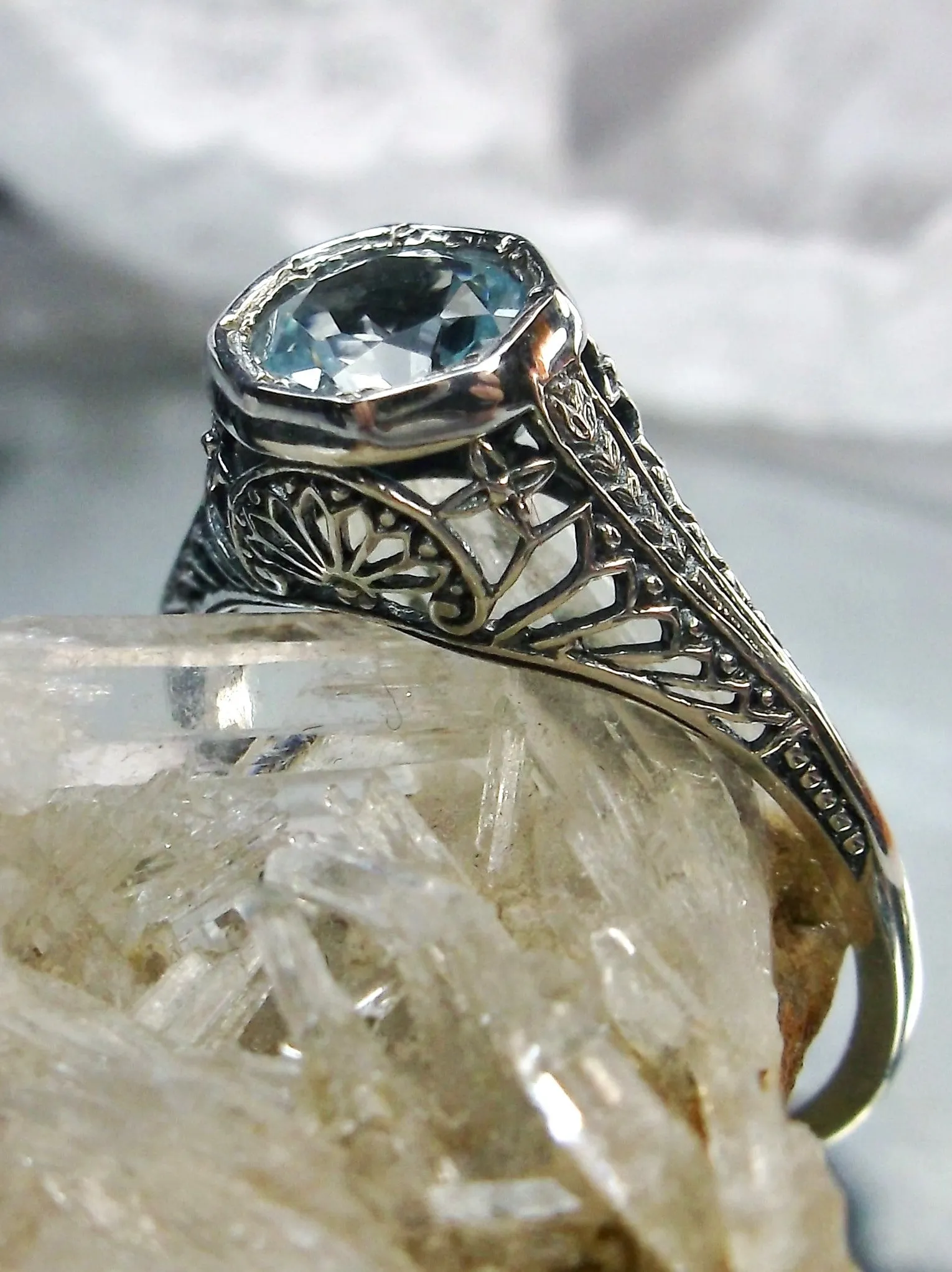 Sky Blue Topaz Dandelion Ring, Natural or Simulated Gemstone, Sterling Silver Filigree Victorian Jewelry #D205