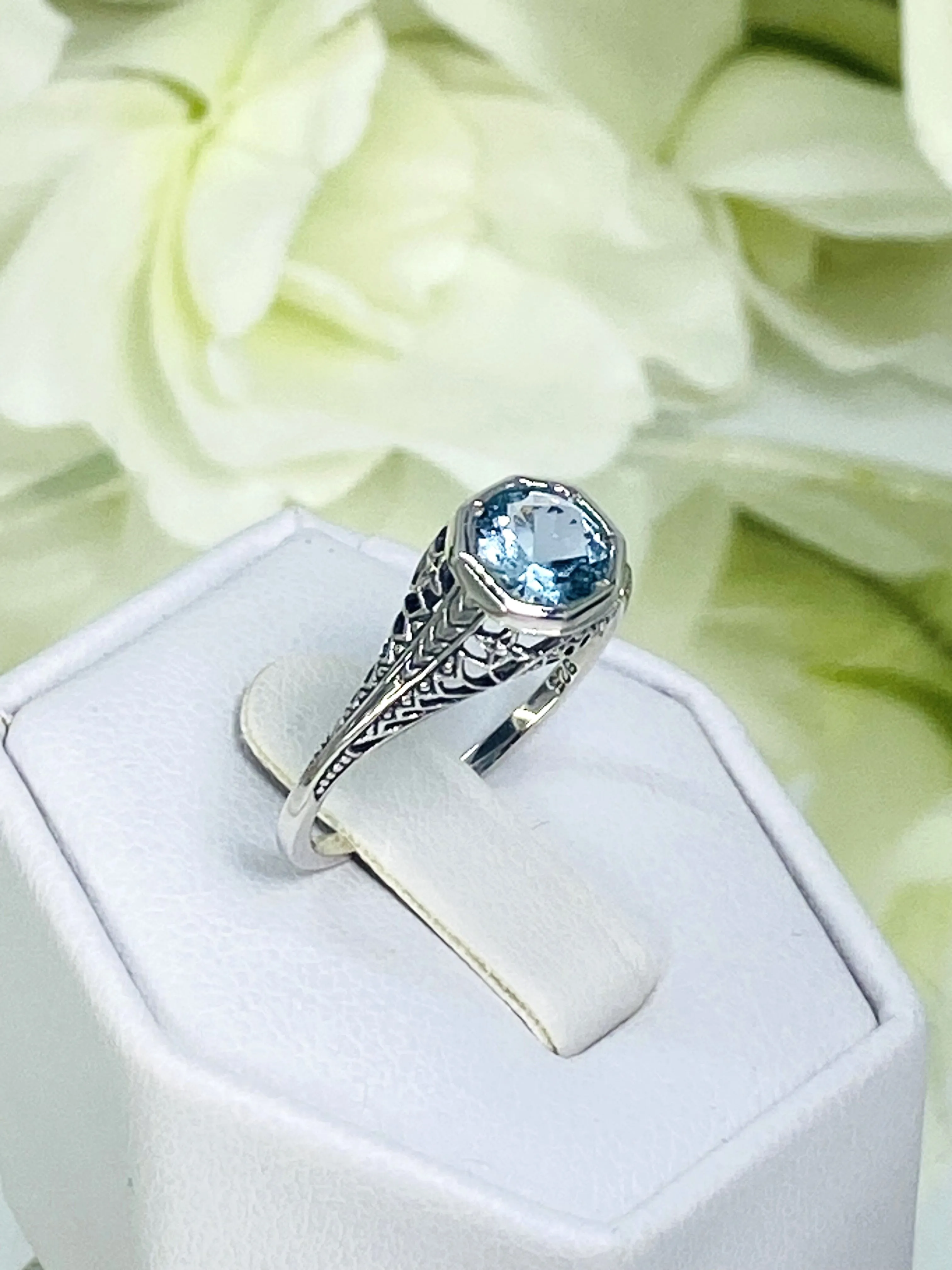 Sky Blue Topaz Dandelion Ring, Natural or Simulated Gemstone, Sterling Silver Filigree Victorian Jewelry #D205