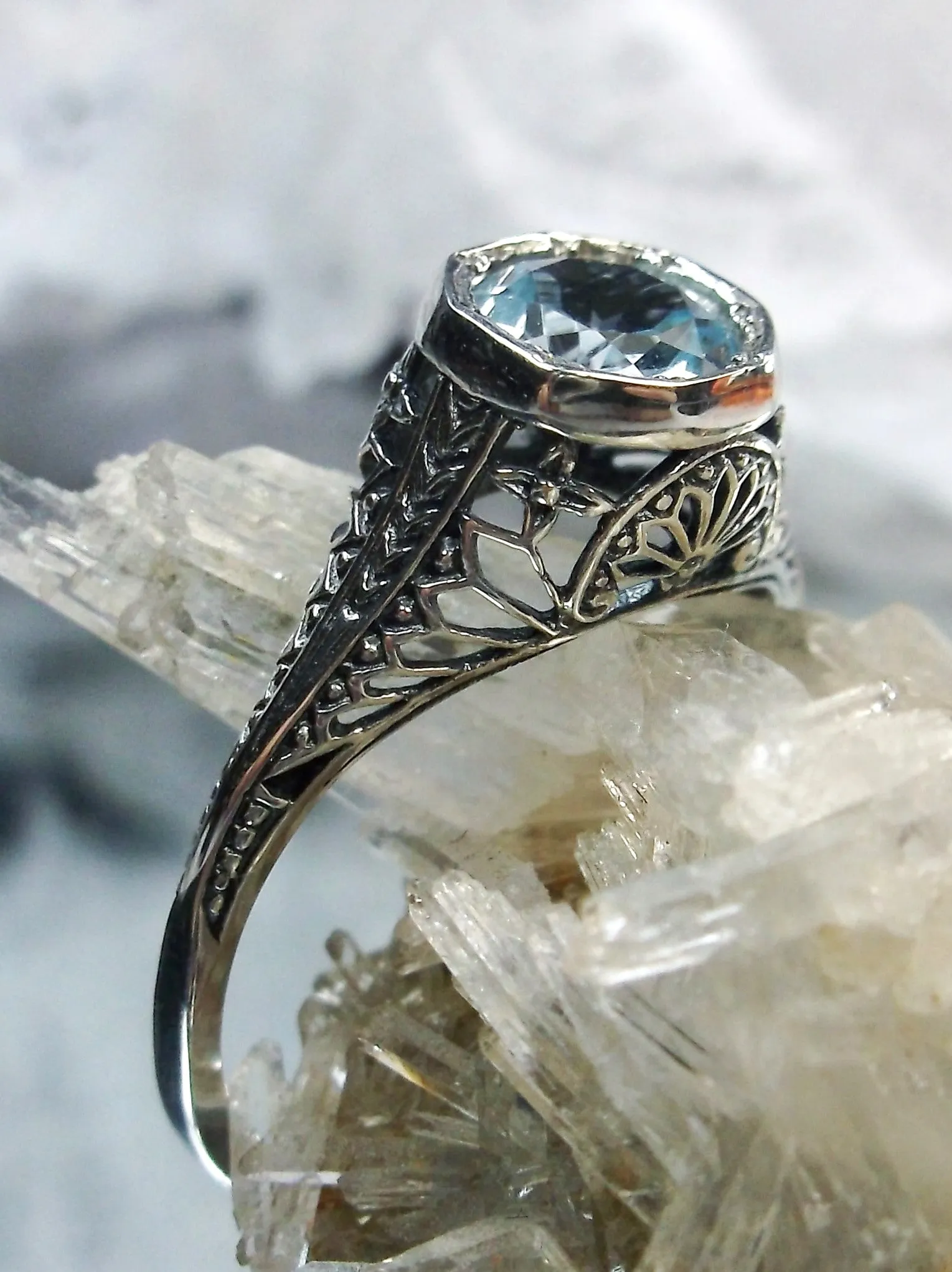 Sky Blue Topaz Dandelion Ring, Natural or Simulated Gemstone, Sterling Silver Filigree Victorian Jewelry #D205