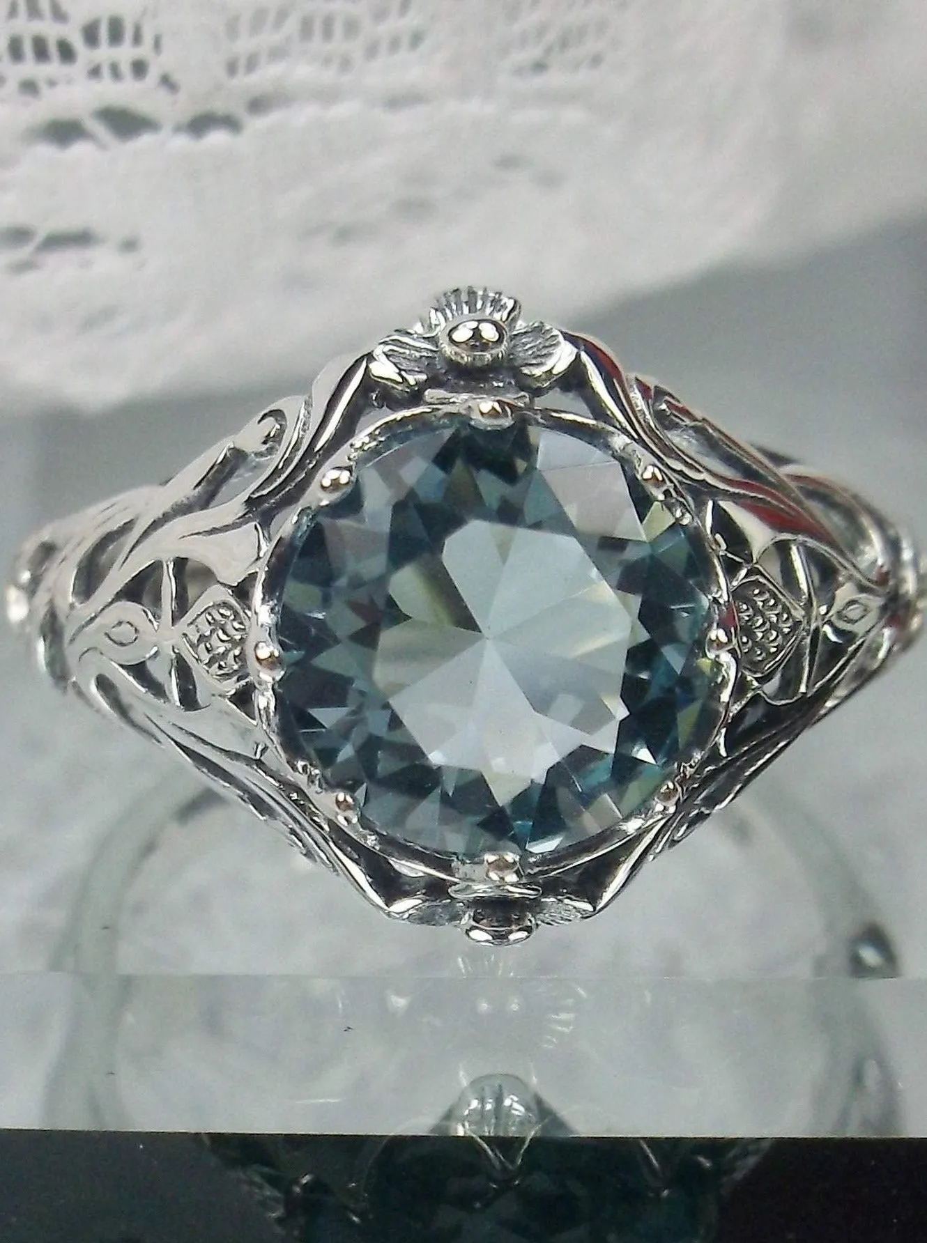Sky Blue Topaz Ring, Size 8.5, Daisy Filigree Victorian Jewelry #D66 - Ready to Ship