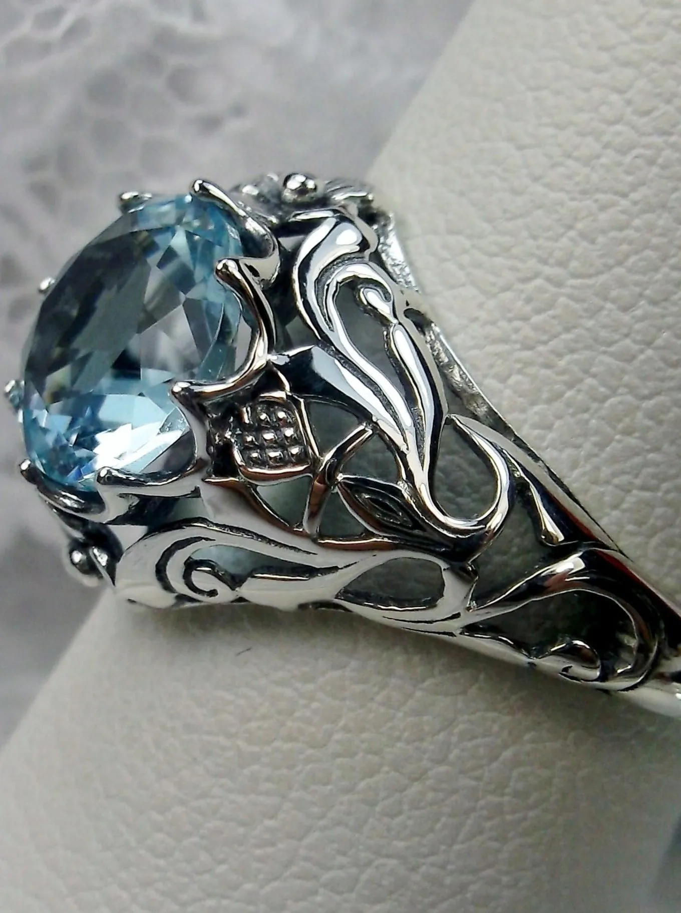 Sky Blue Topaz Ring, Size 8.5, Daisy Filigree Victorian Jewelry #D66 - Ready to Ship