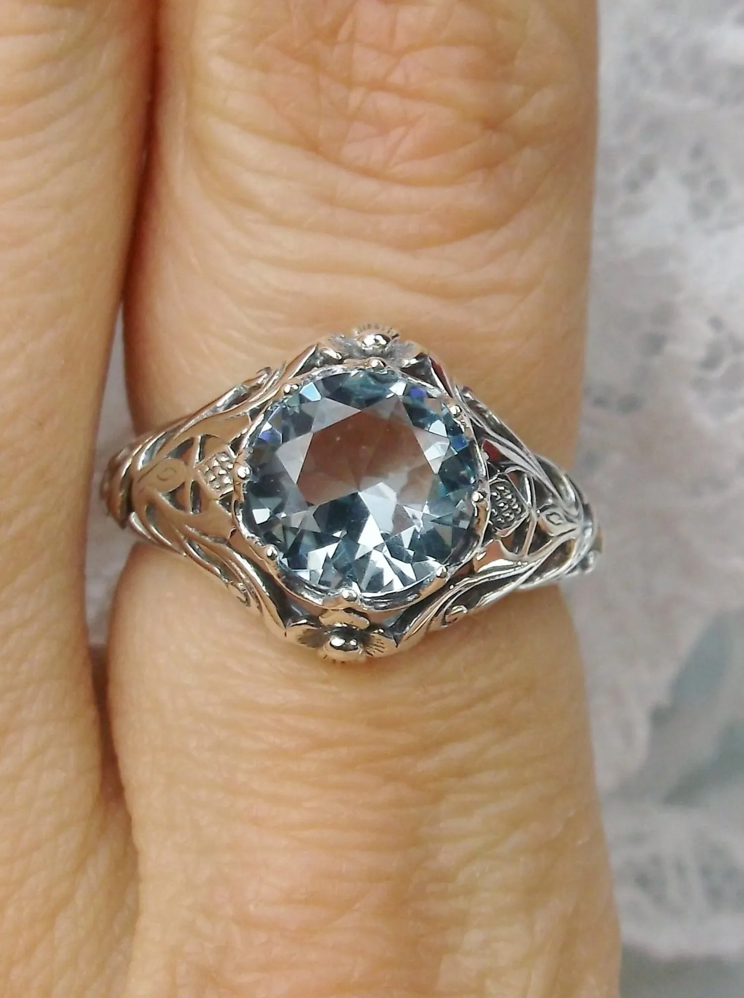 Sky Blue Topaz Ring, Size 8.5, Daisy Filigree Victorian Jewelry #D66 - Ready to Ship