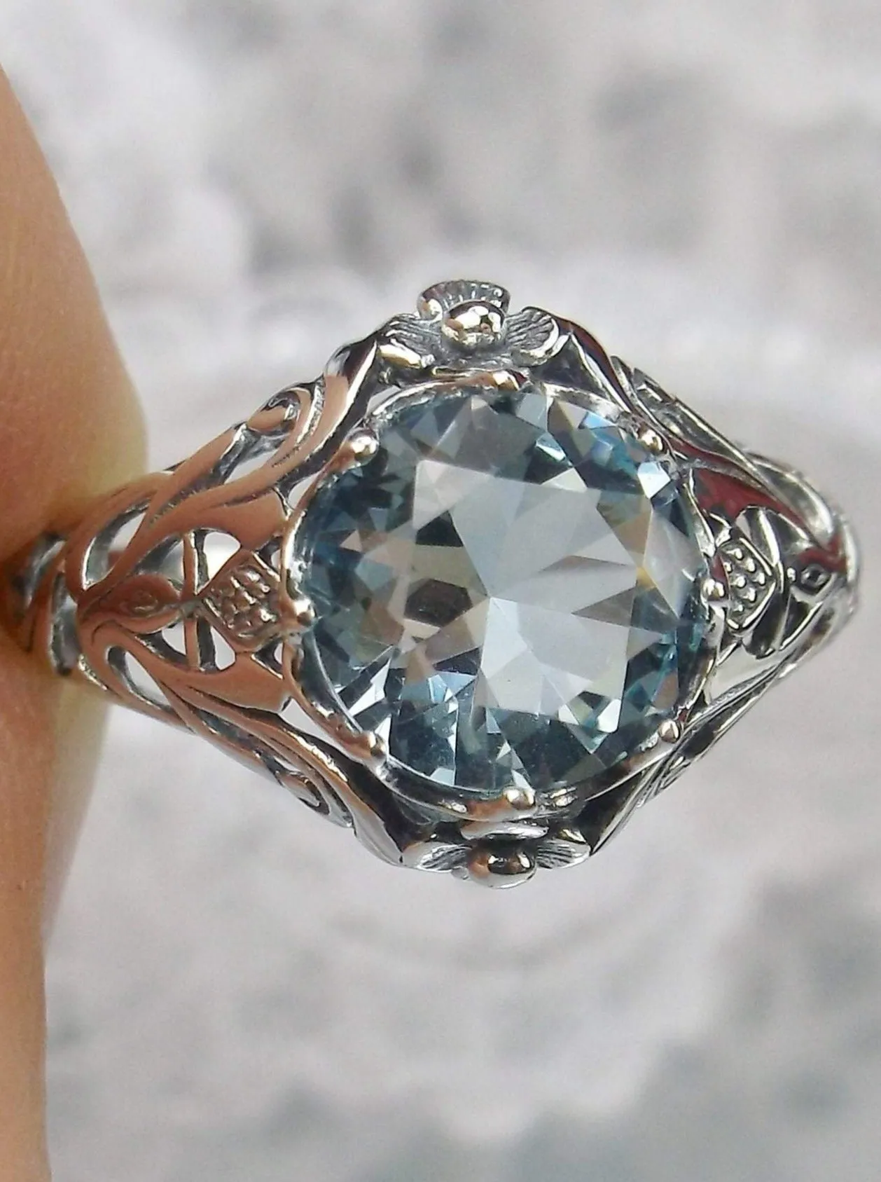 Sky Blue Topaz Ring, Size 8.5, Daisy Filigree Victorian Jewelry #D66 - Ready to Ship