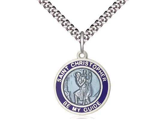 St. Christopher Round Blue Border Medal 3/4"