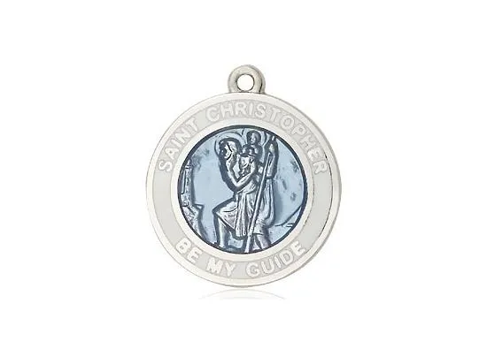 St. Christopher White Border Round Blue Medal (3/4") with 18" chain