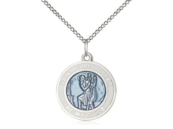 St. Christopher White Border Round Blue Medal (3/4") with 18" chain