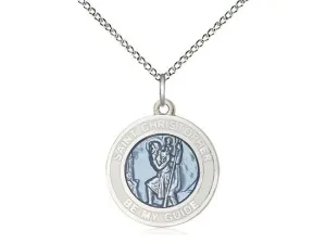 St. Christopher White Border Round Blue Medal (3/4") with 18" chain
