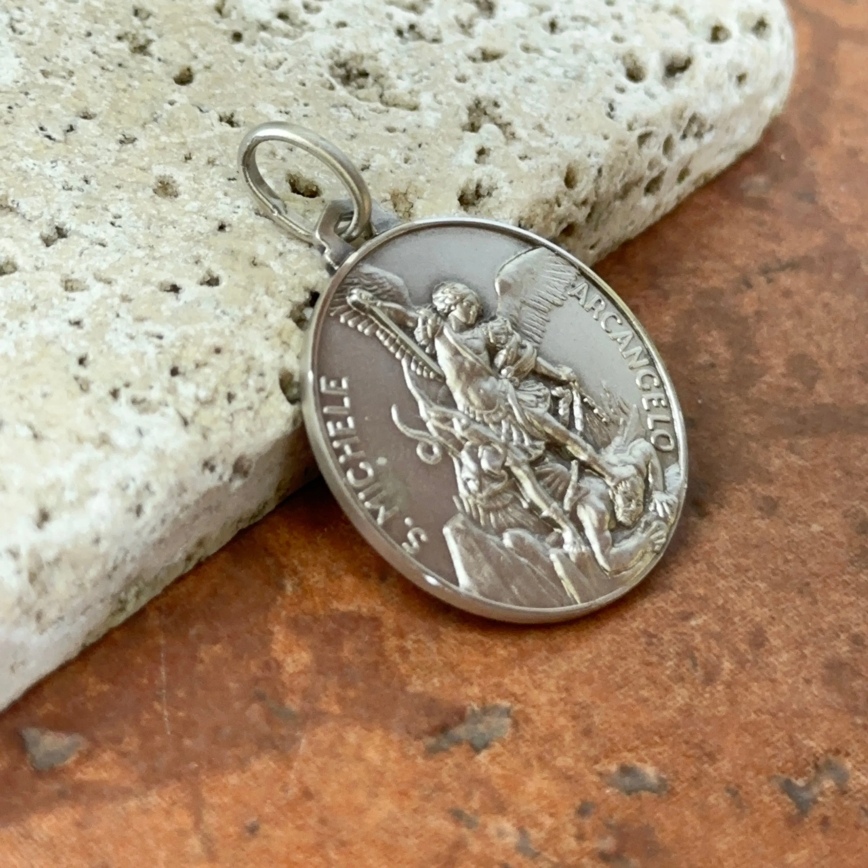 Sterling Silver Antiqued St Michael Medal Pendant 25mm