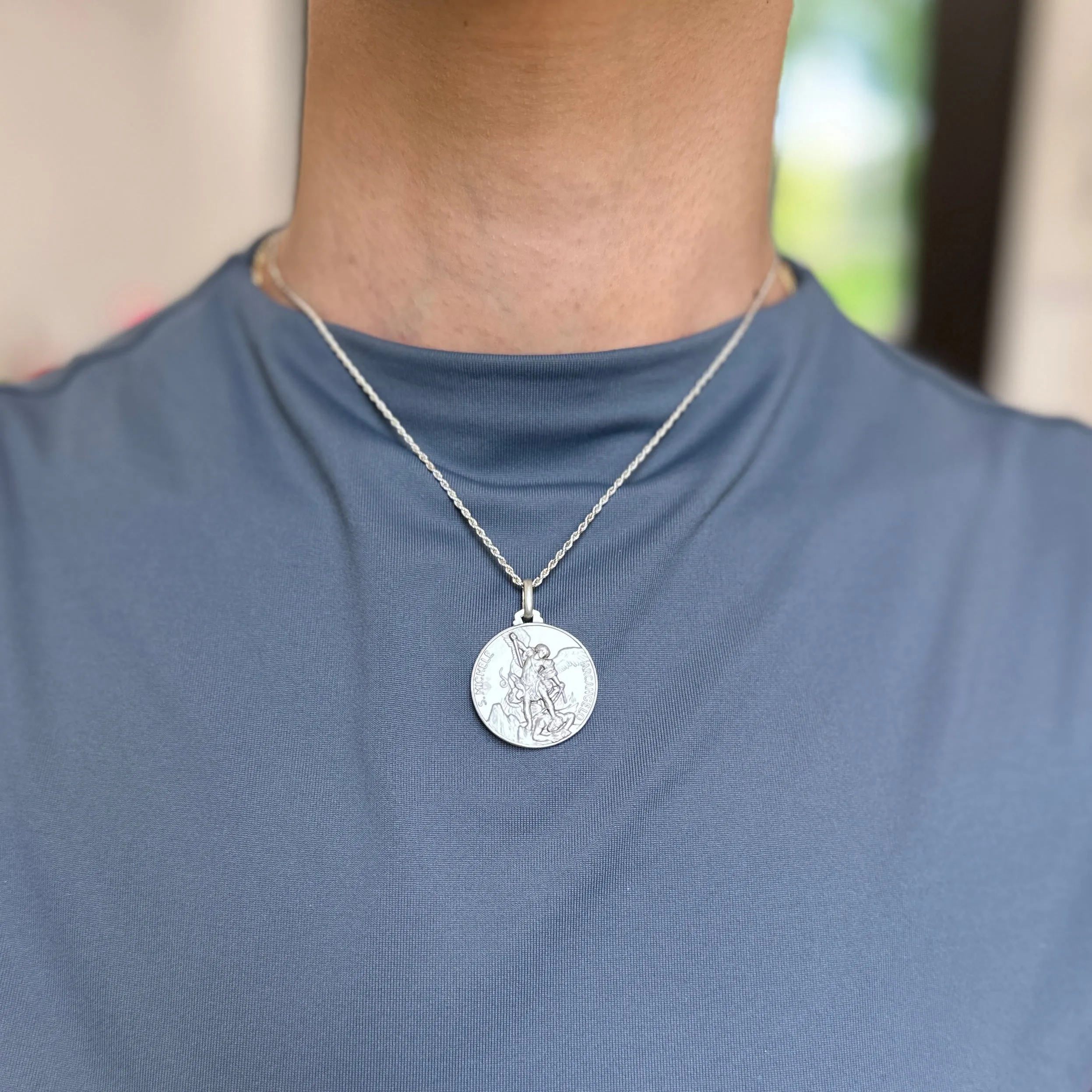 Sterling Silver Antiqued St Michael Medal Pendant 25mm