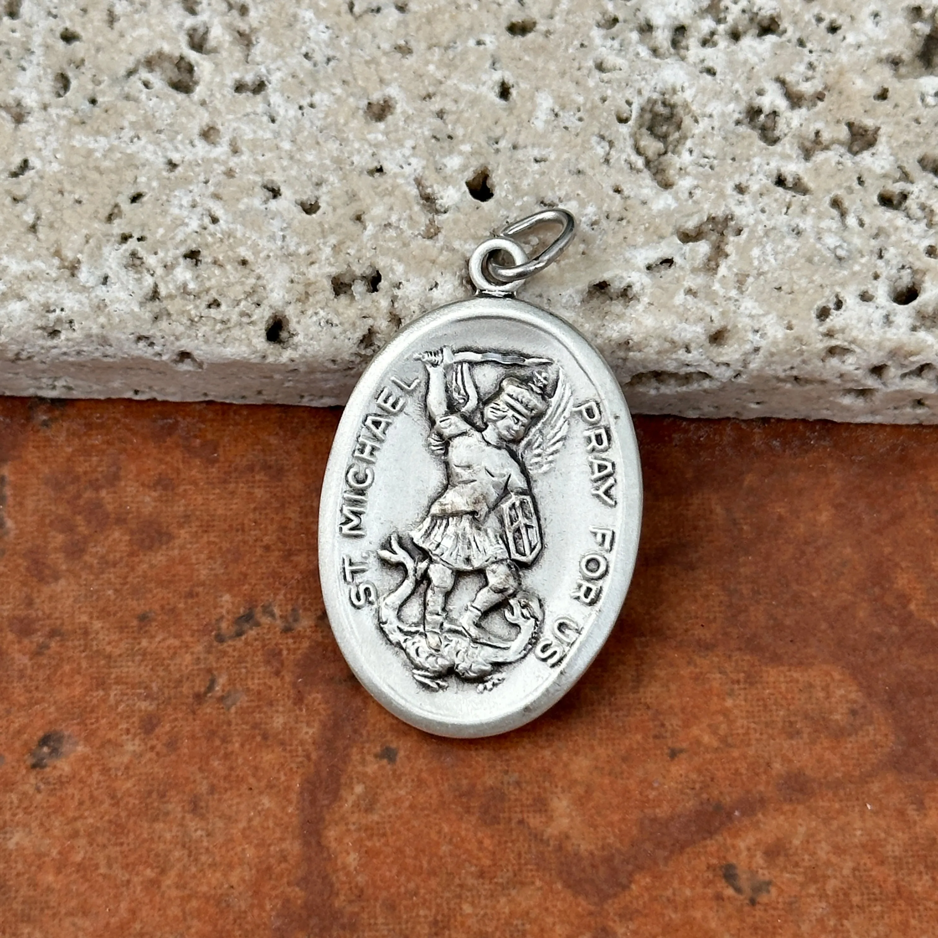 Sterling Silver Antiqued St Michael Reversible Pendant 31mm