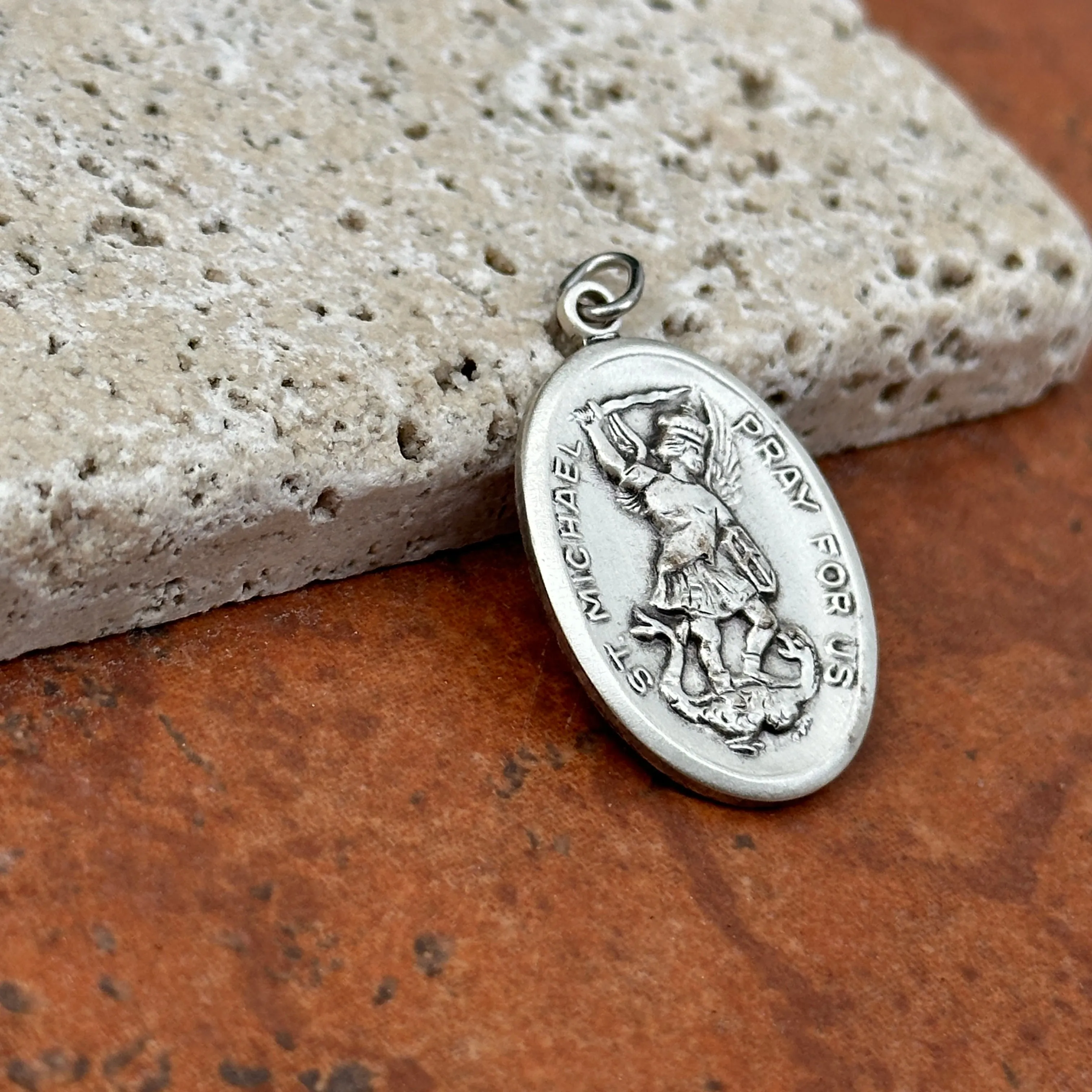 Sterling Silver Antiqued St Michael Reversible Pendant 31mm