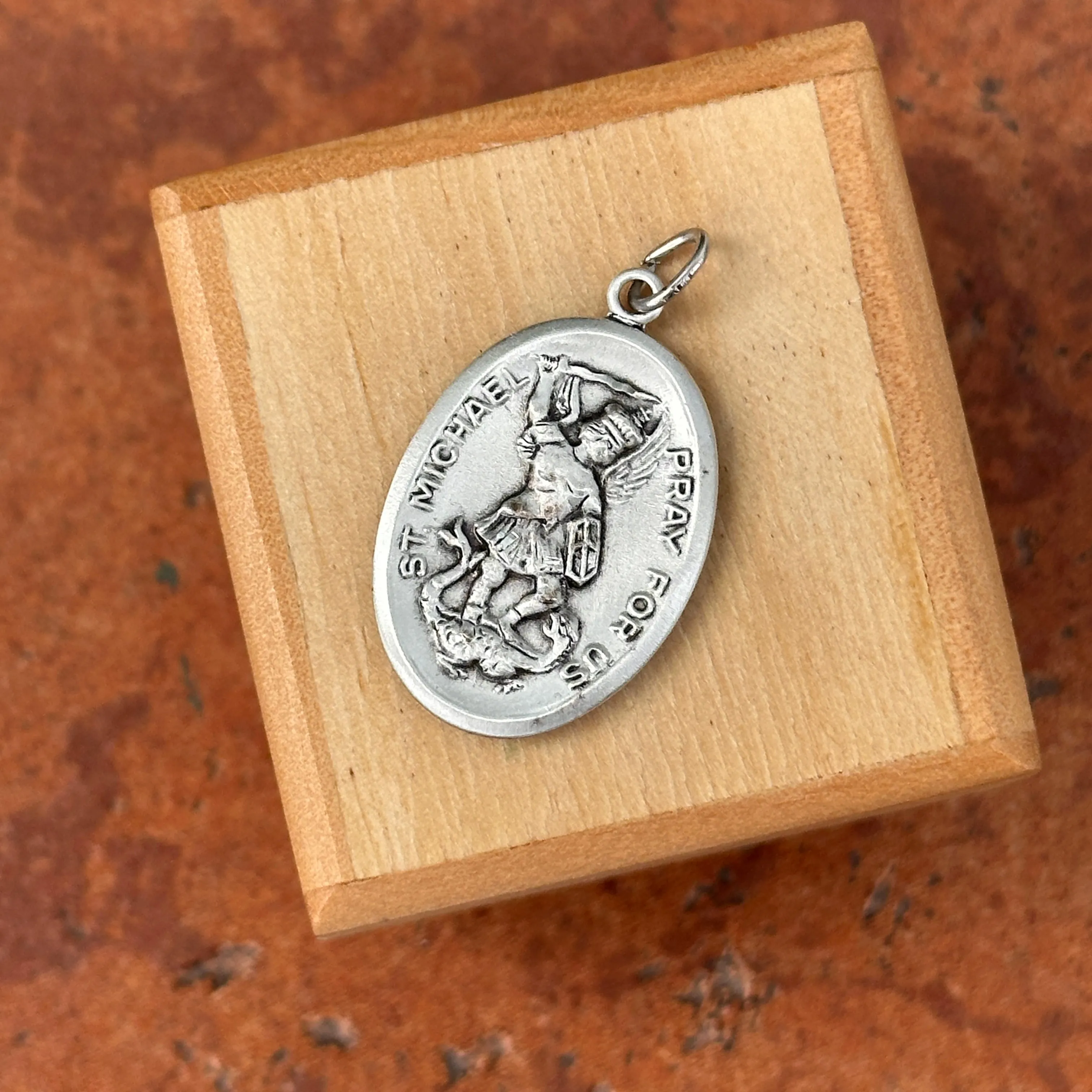 Sterling Silver Antiqued St Michael Reversible Pendant 31mm