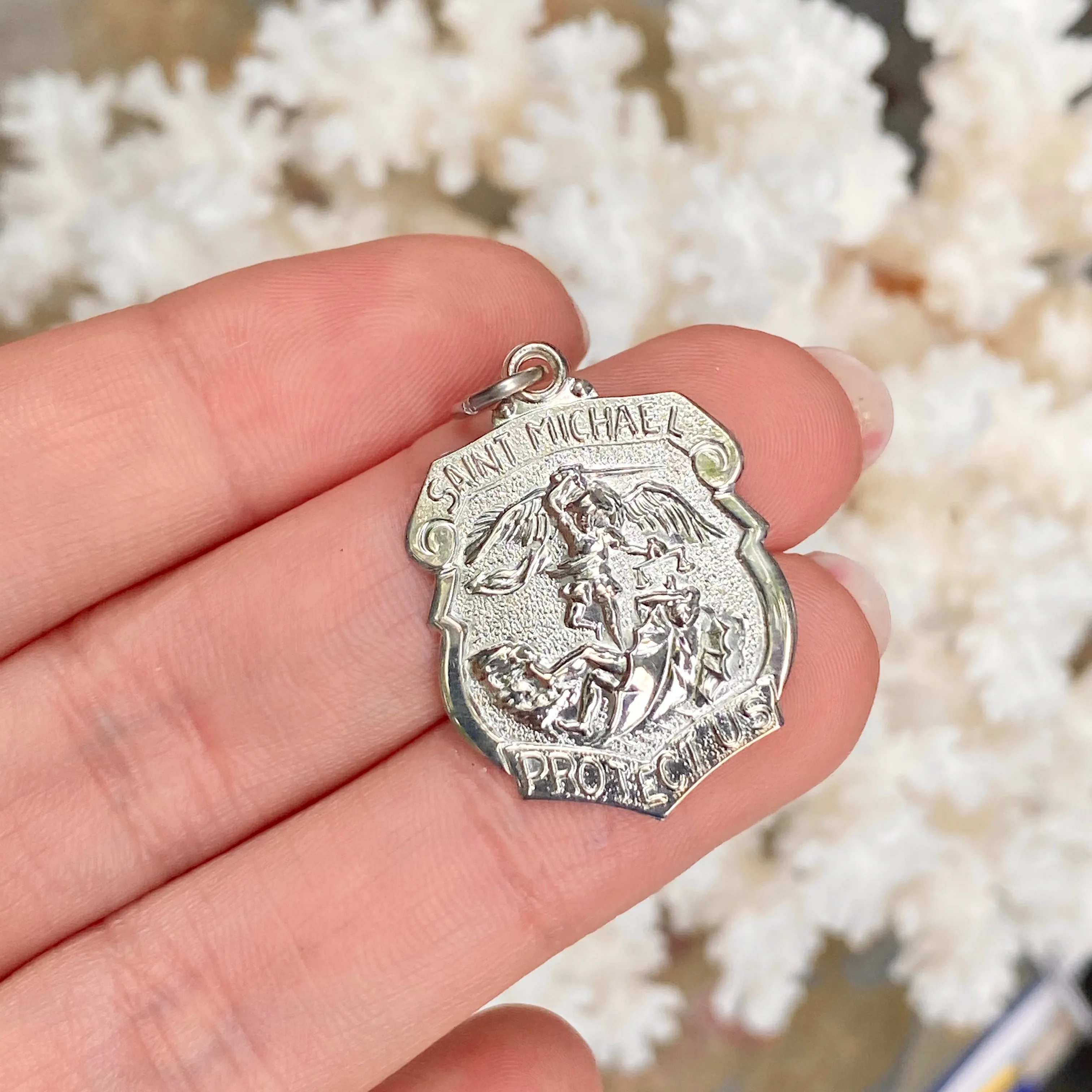 Sterling Silver Polished Saint Michael Badge Medal Pendant
