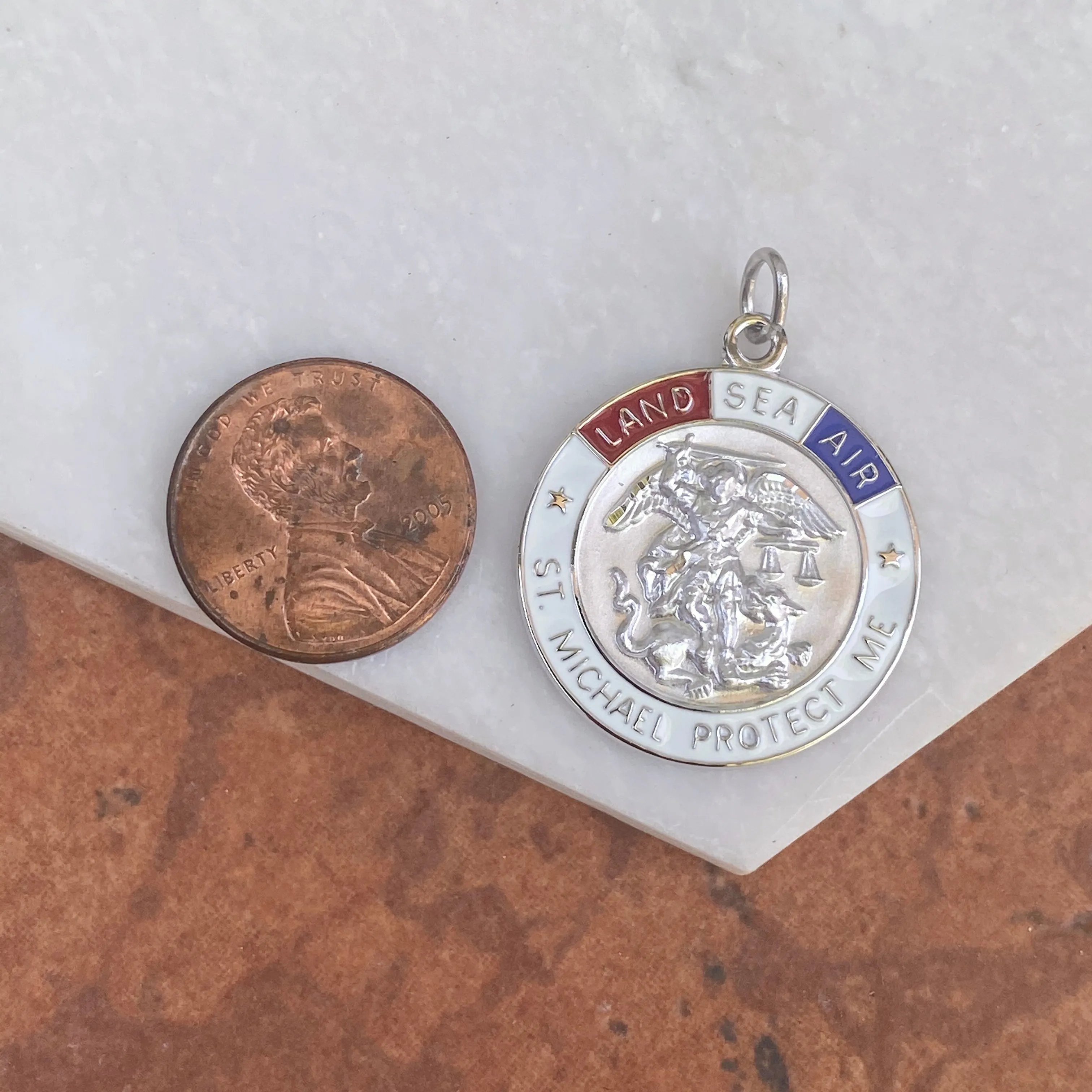 Sterling Silver Red, White   Blue Enamel Saint Michael Round Medal Pendant