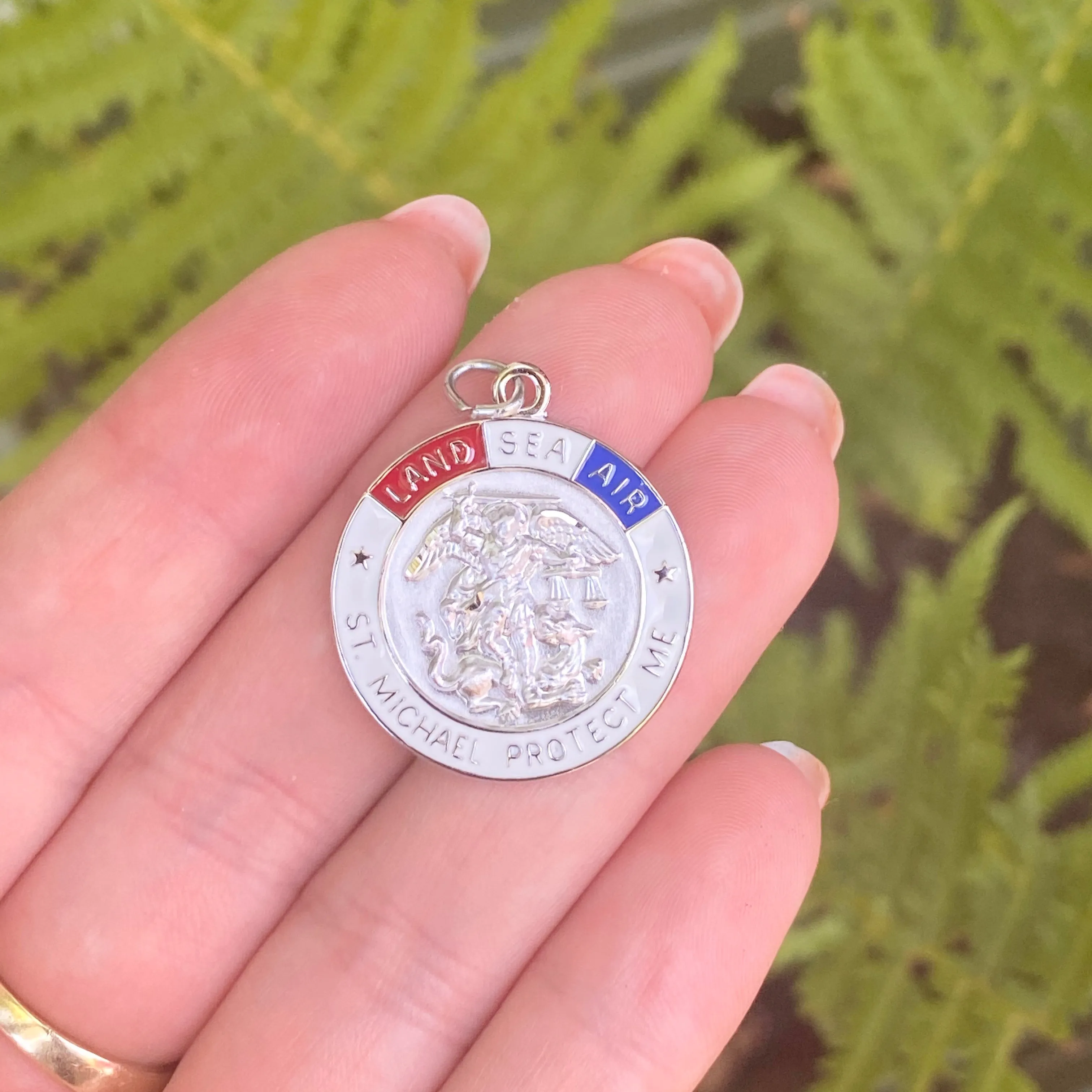 Sterling Silver Red, White   Blue Enamel Saint Michael Round Medal Pendant