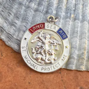 Sterling Silver Red, White   Blue Enamel Saint Michael Round Medal Pendant