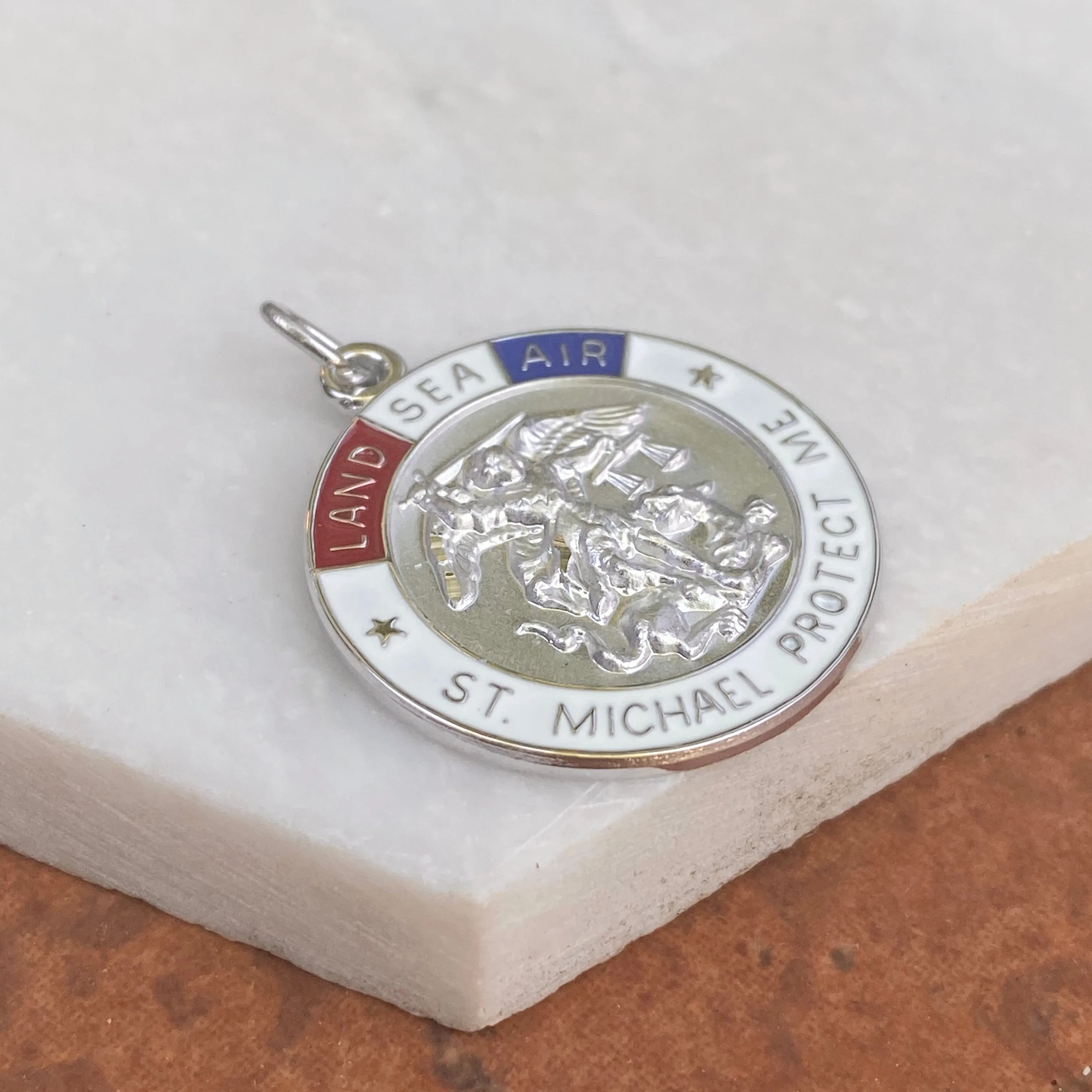 Sterling Silver Red, White   Blue Enamel Saint Michael Round Medal Pendant