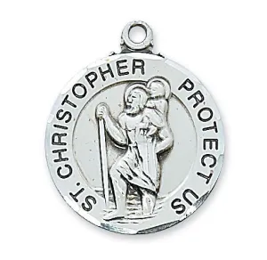 Sterling Silver Round St Christopher Medal 1"with Chain