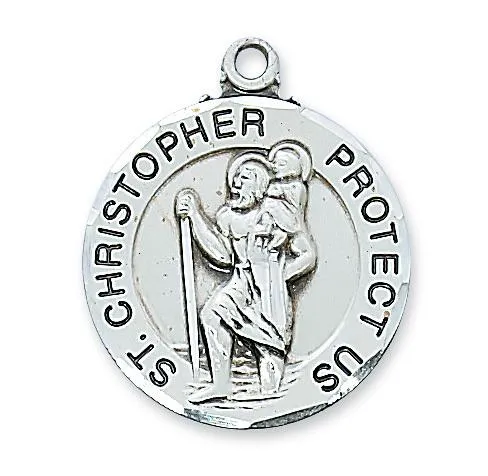 Sterling Silver Round St Christopher Medal 1"with Chain