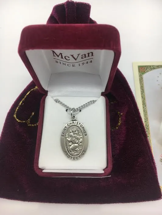 Sterling  Silver St Christopher 1"x 5/8"  with chain. Patron Saint of Travel.