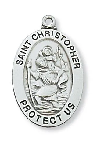 Sterling  Silver St Christopher 1"x 5/8"  with chain. Patron Saint of Travel.