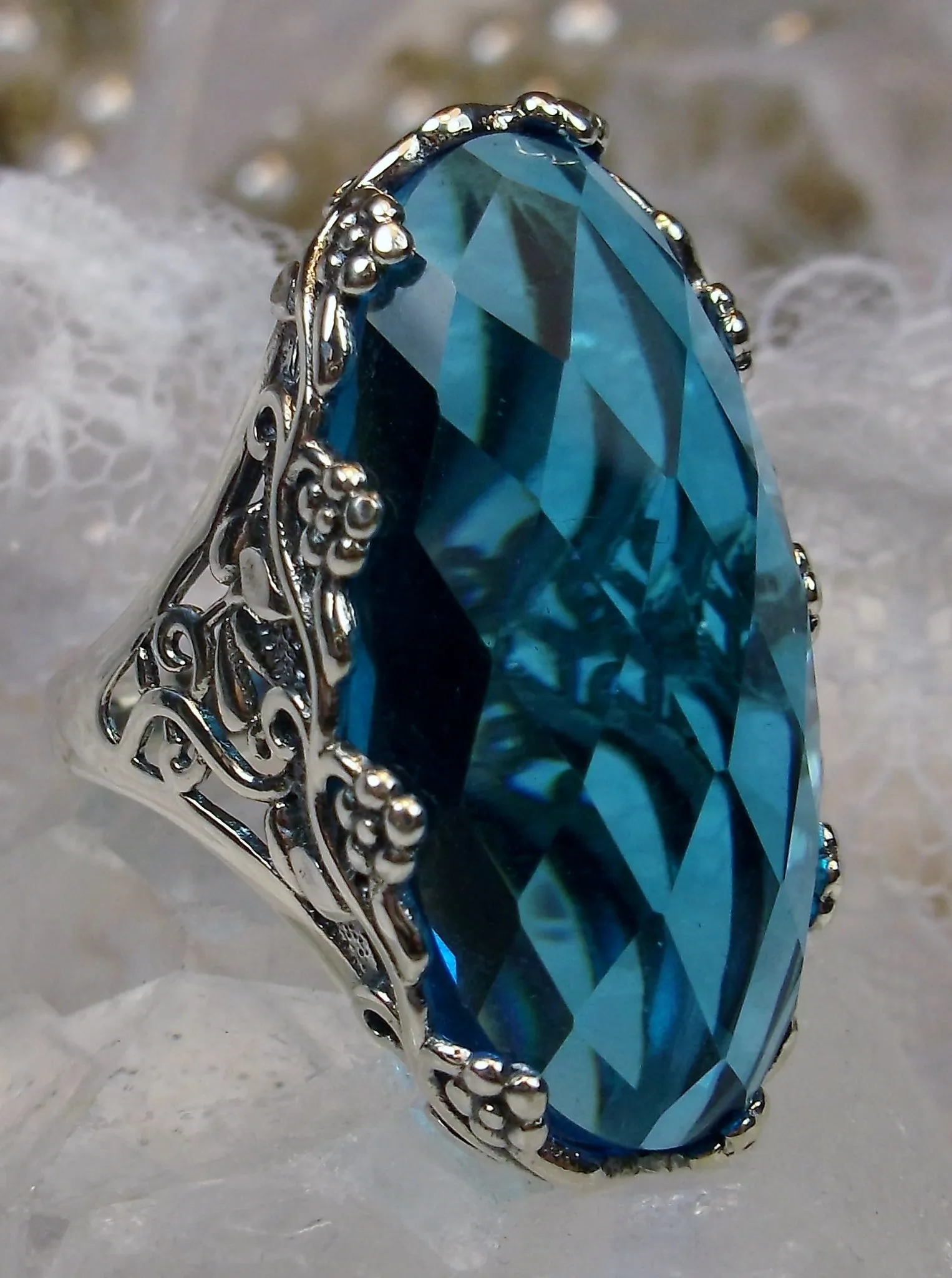 Swiss Blue Ring, Large Oval gem, Vintage Reproduction Jewelry #D97