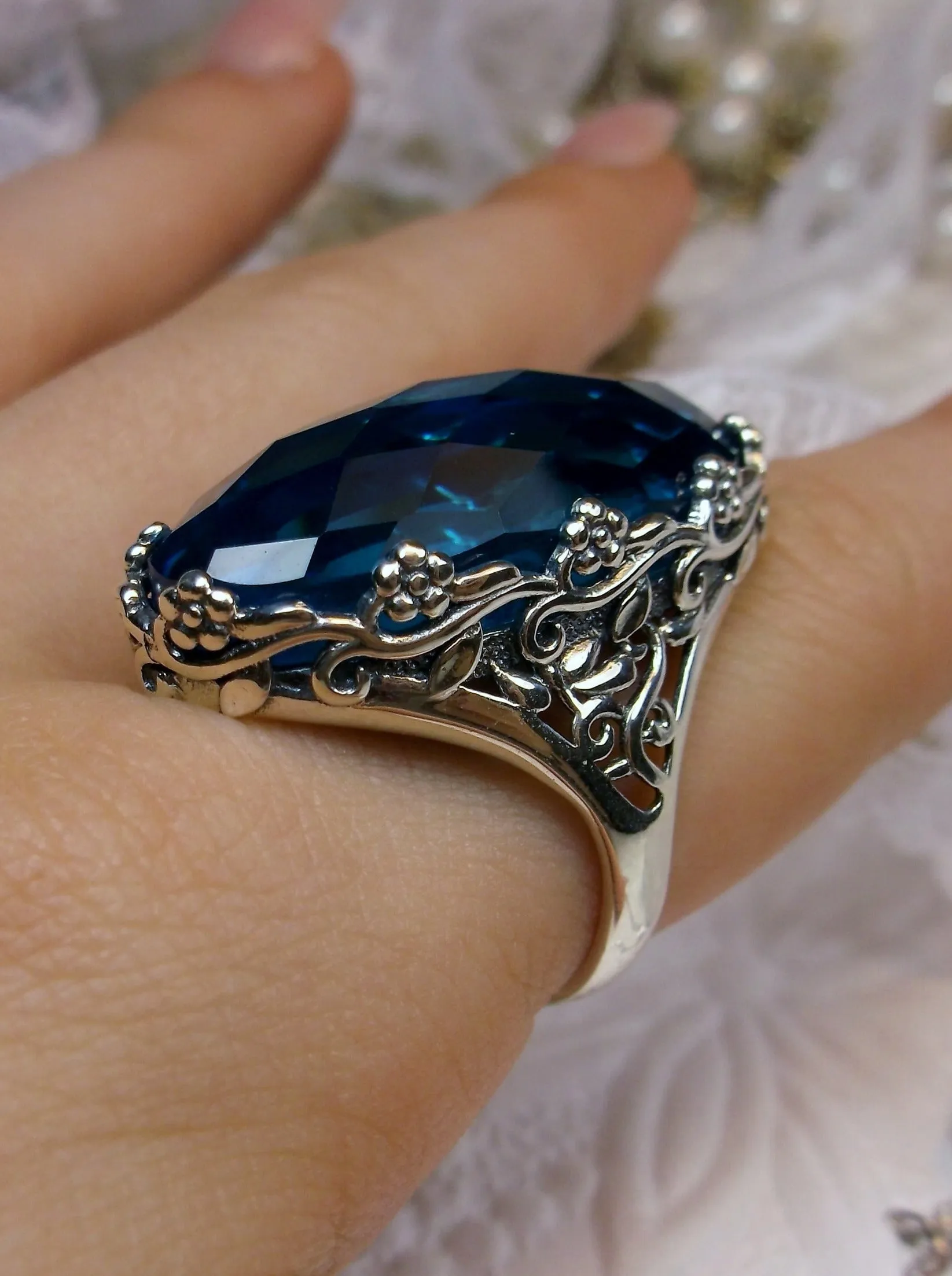 Swiss Blue Ring, Large Oval gem, Vintage Reproduction Jewelry #D97