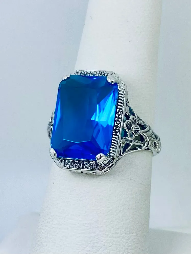 Swiss Blue Topaz Ring, Cushion Cut Gemstone, Vintage Style Art Nouveau Jewelry, Design#D64