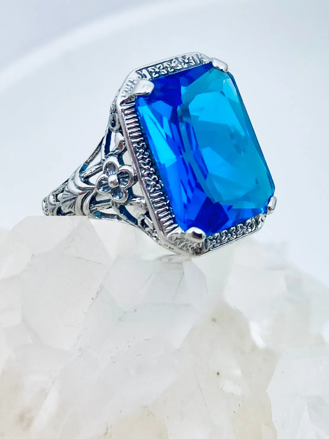 Swiss Blue Topaz Ring, Cushion Cut Gemstone, Vintage Style Art Nouveau Jewelry, Design#D64