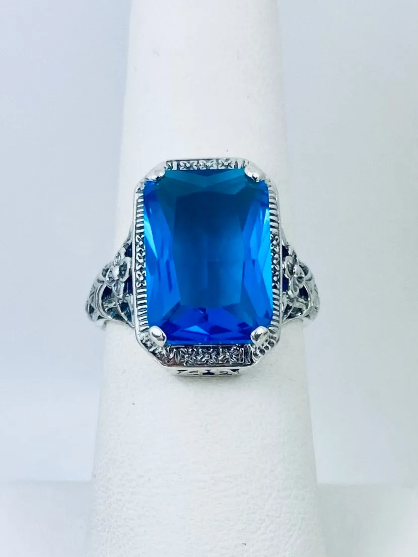 Swiss Blue Topaz Ring, Cushion Cut Gemstone, Vintage Style Art Nouveau Jewelry, Design#D64