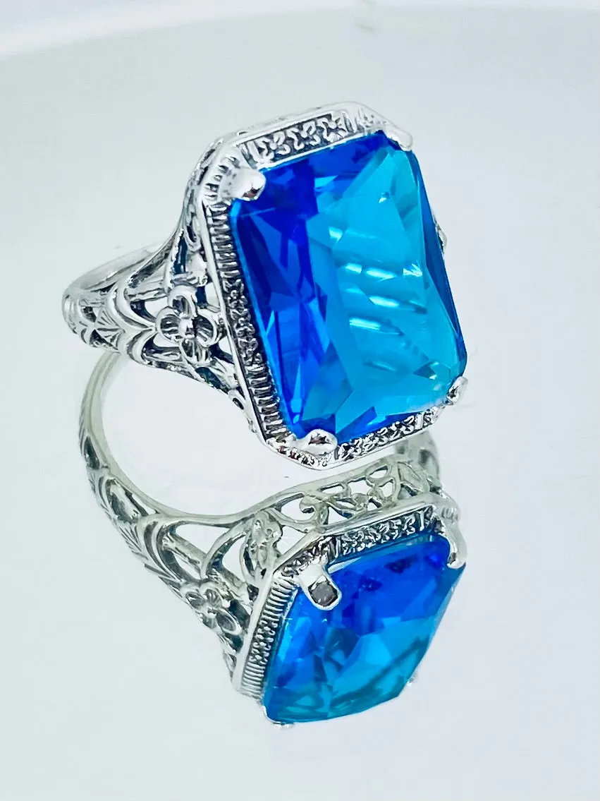 Swiss Blue Topaz Ring, Cushion Cut Gemstone, Vintage Style Art Nouveau Jewelry, Design#D64