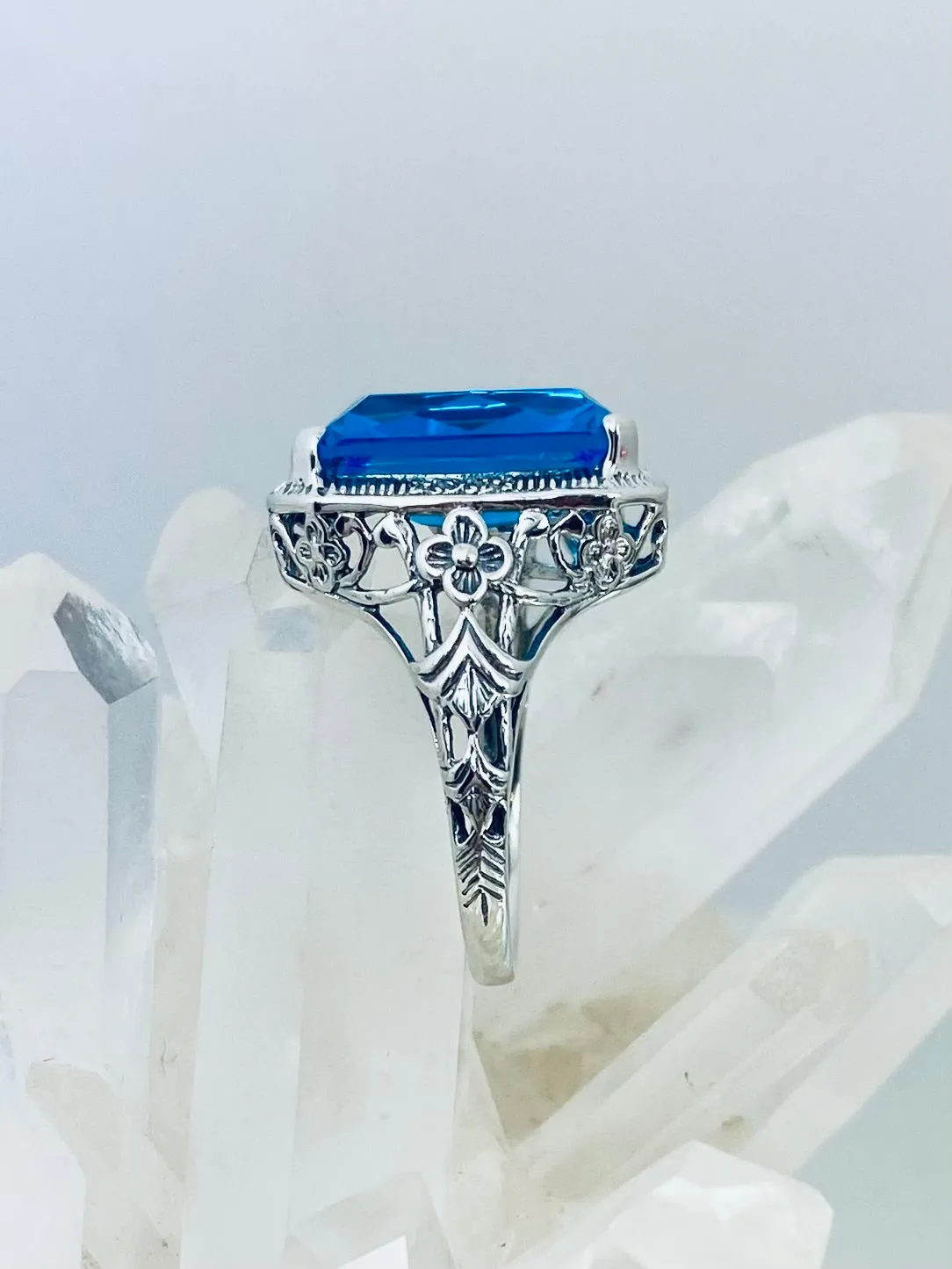 Swiss Blue Topaz Ring, Cushion Cut Gemstone, Vintage Style Art Nouveau Jewelry, Design#D64