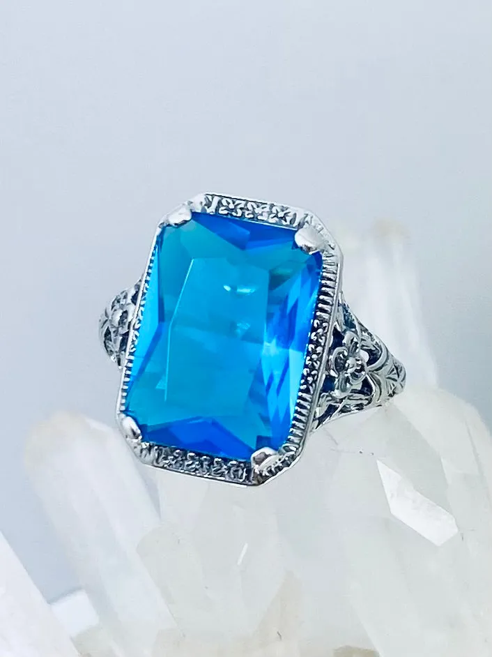 Swiss Blue Topaz Ring, Cushion Cut Gemstone, Vintage Style Art Nouveau Jewelry, Design#D64